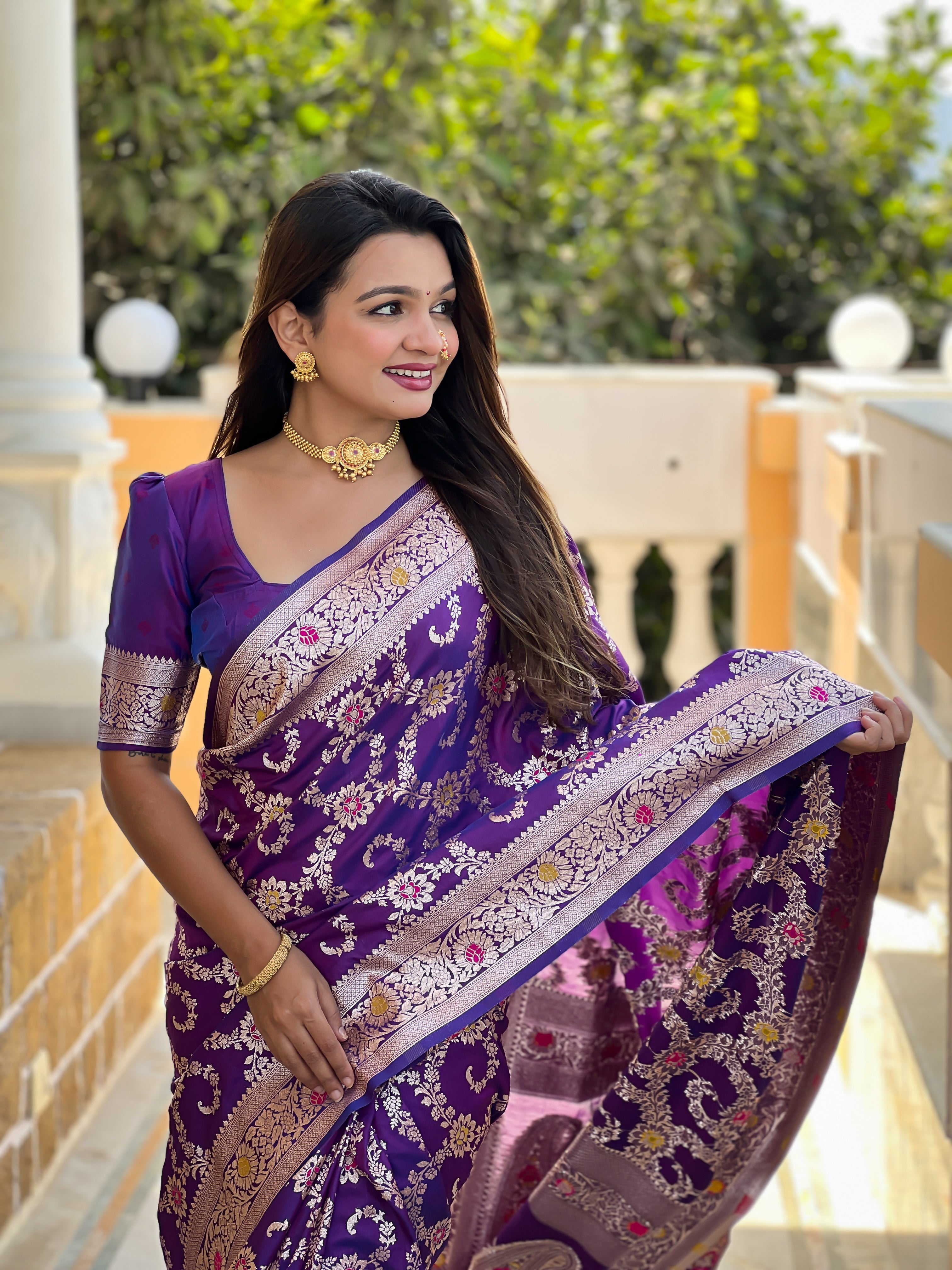 Purple Soft Banarasi Silk Saree with Zari Weaving Meenakari