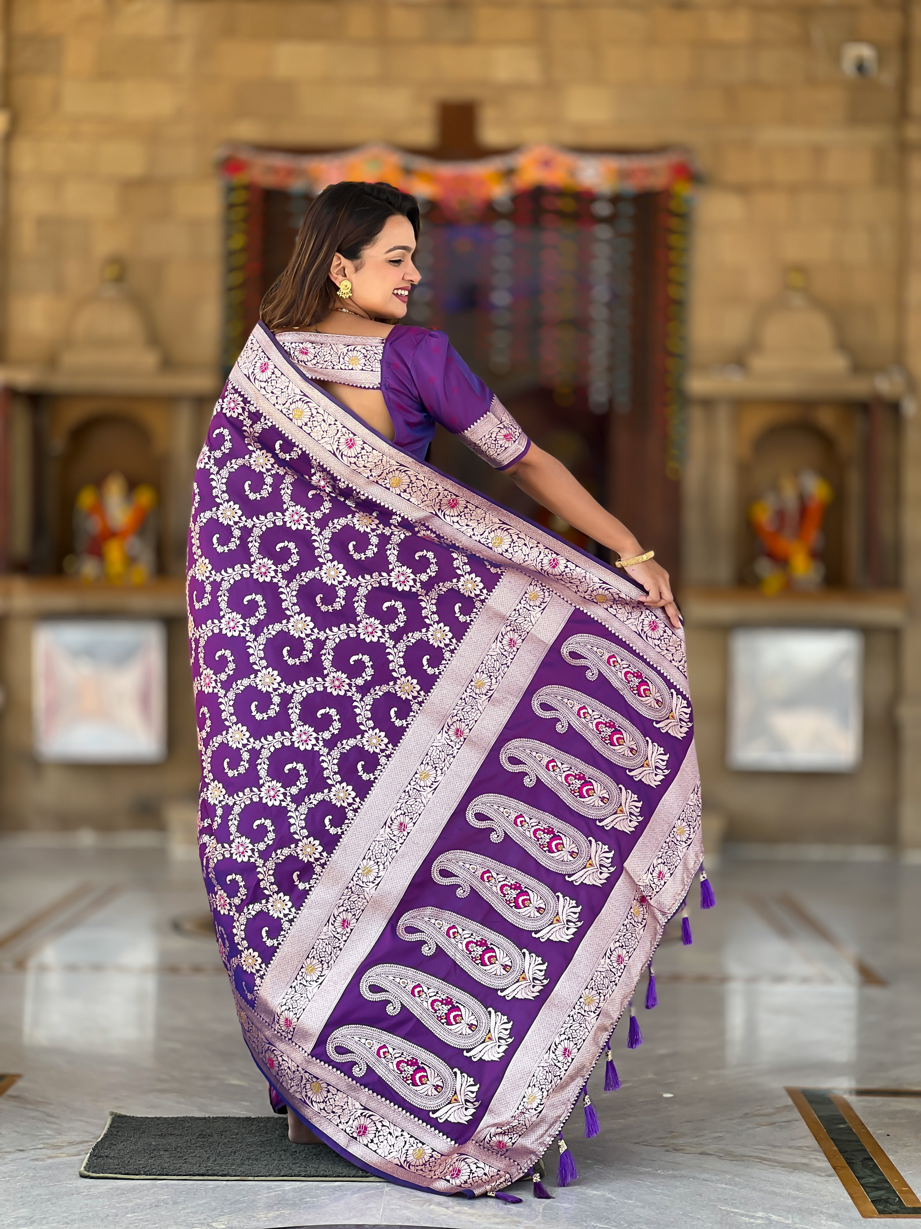 Purple Soft Banarasi Silk Saree with Zari Weaving Meenakari