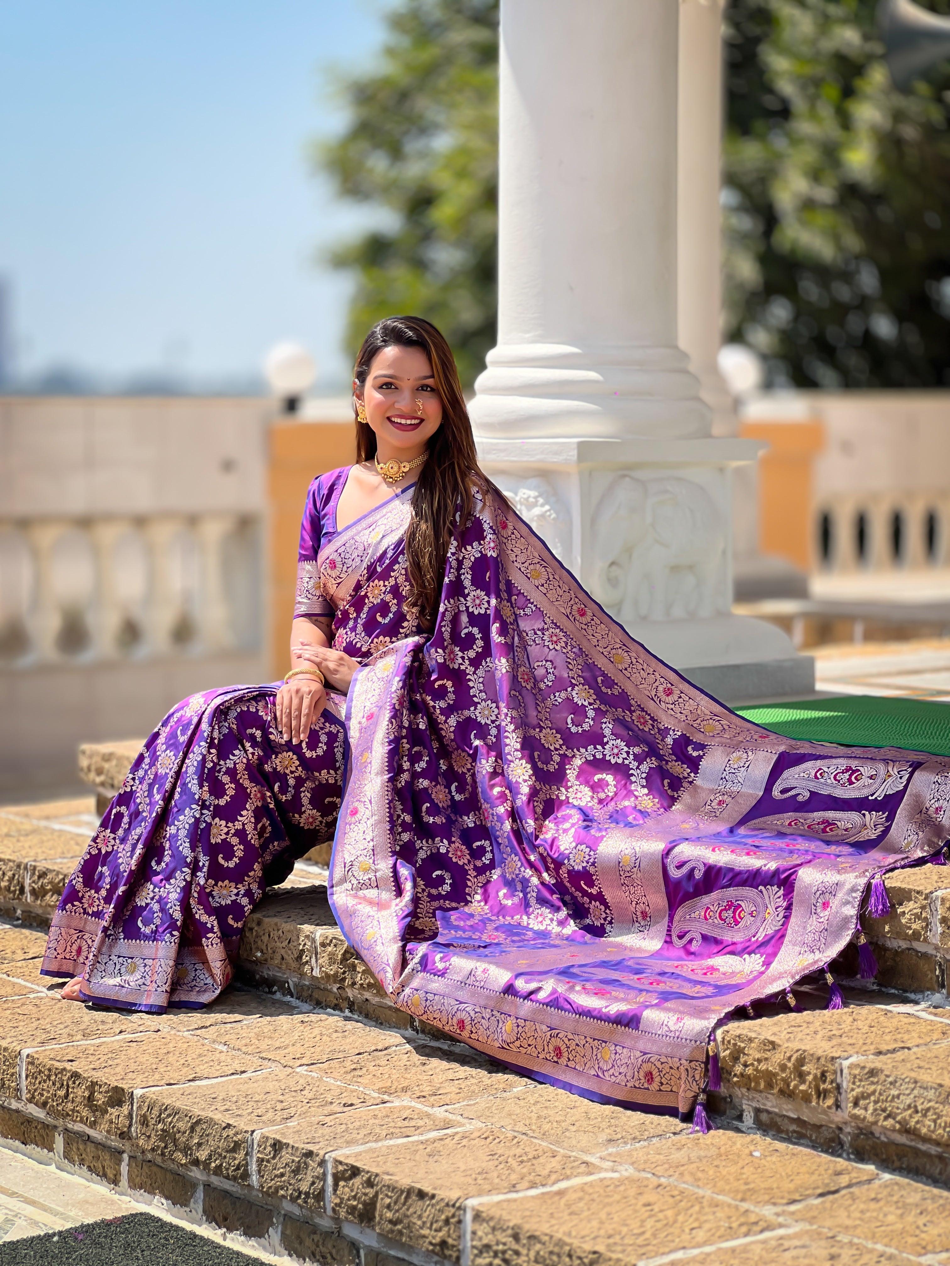 Purple Soft Banarasi Silk Saree with Zari Weaving Meenakari
