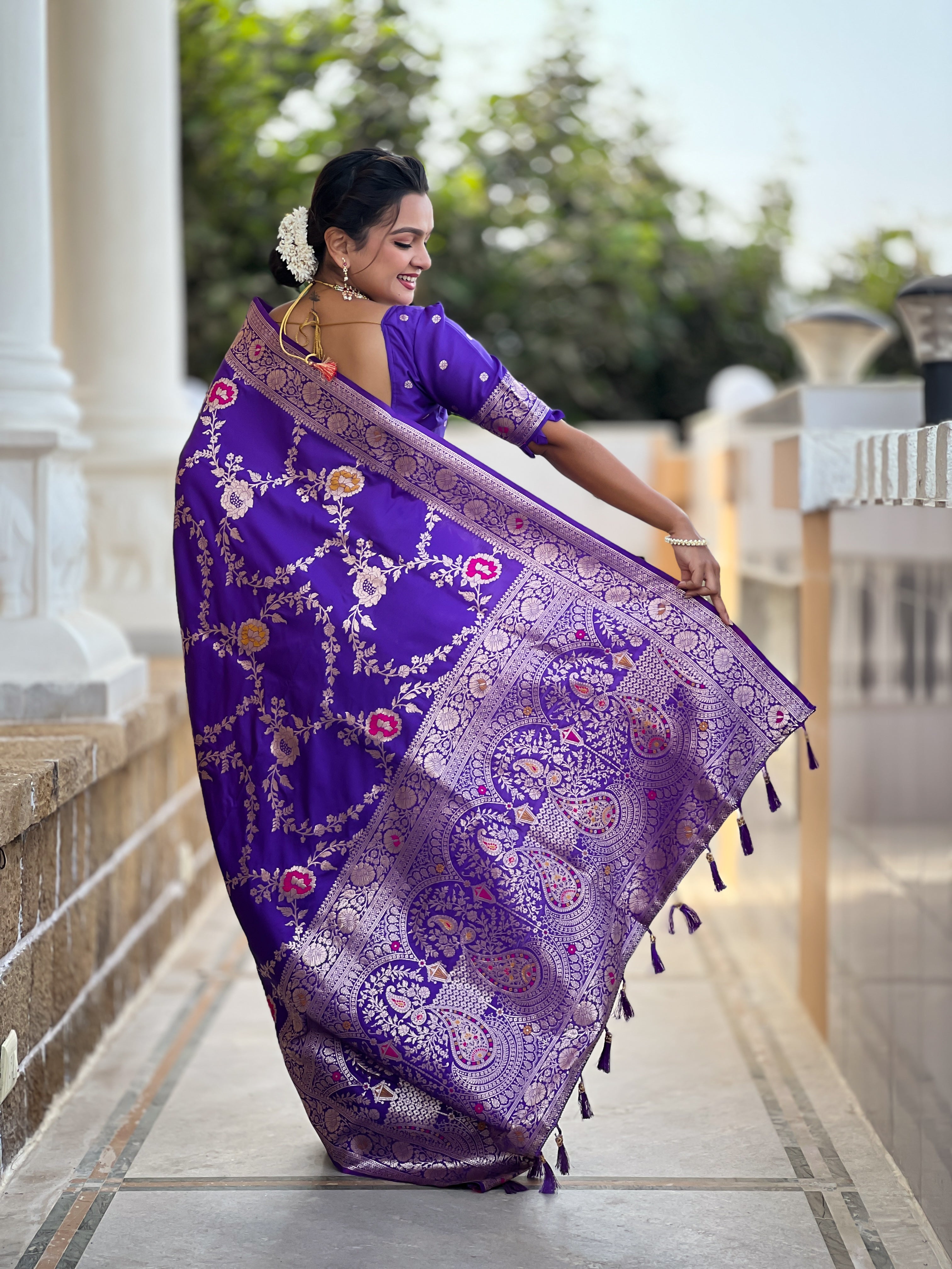 Purple Soft Banarasi Silk Saree with Zari Weaving Meenakari Touchup Design