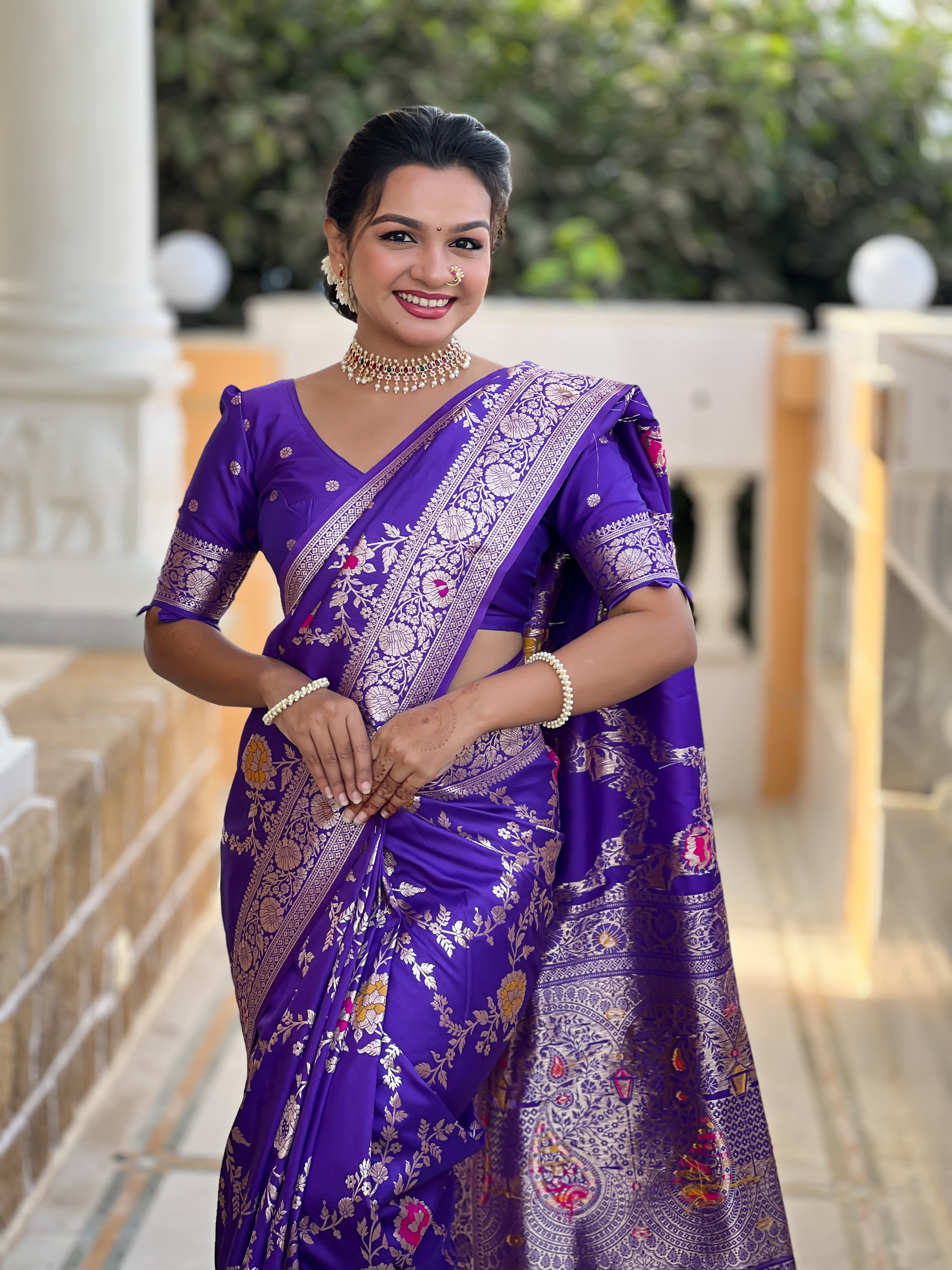 Purple Soft Banarasi Silk Saree with Zari Weaving Meenakari Touchup Design