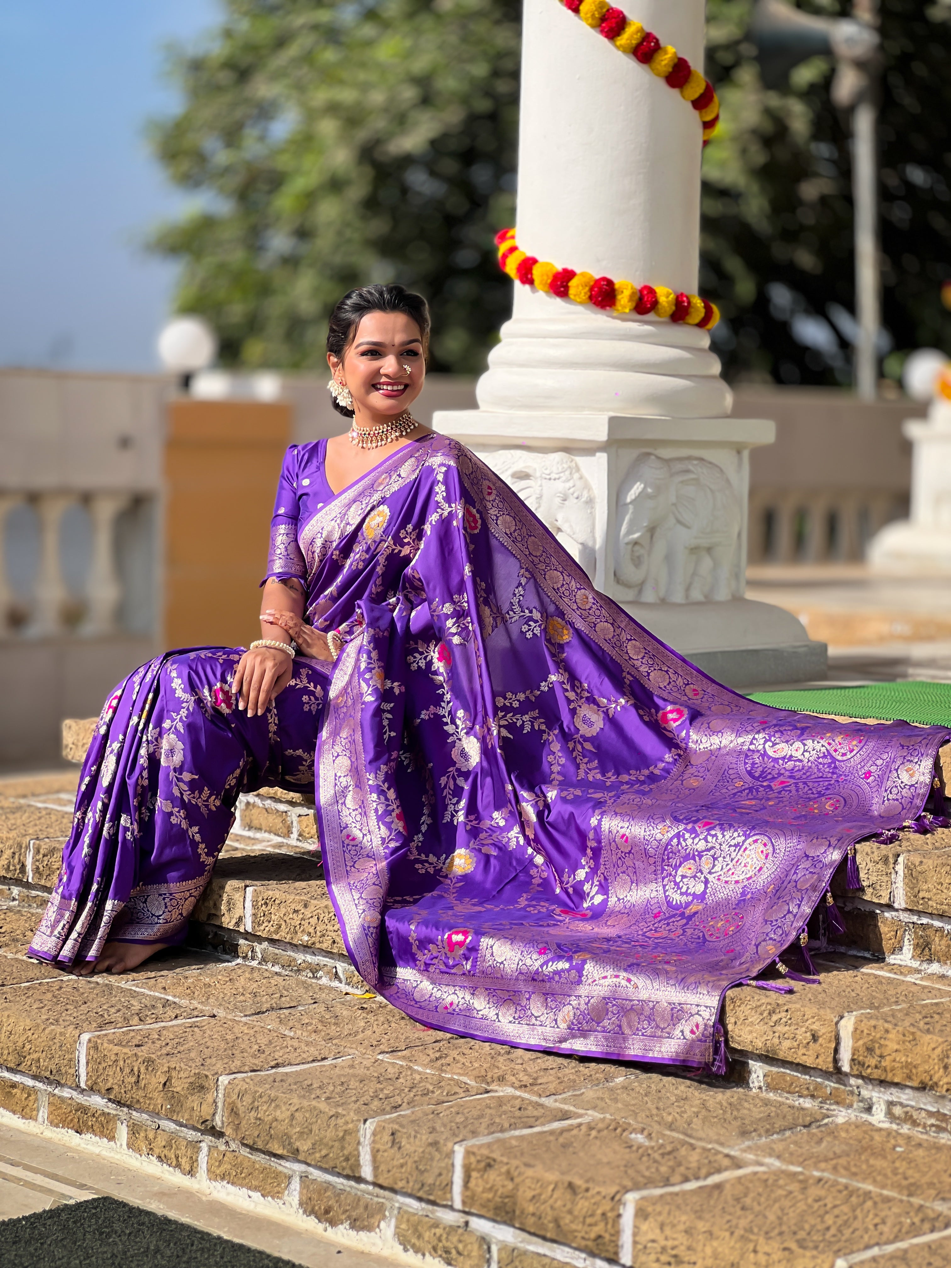 Purple Soft Banarasi Silk Saree with Zari Weaving Meenakari Touchup Design