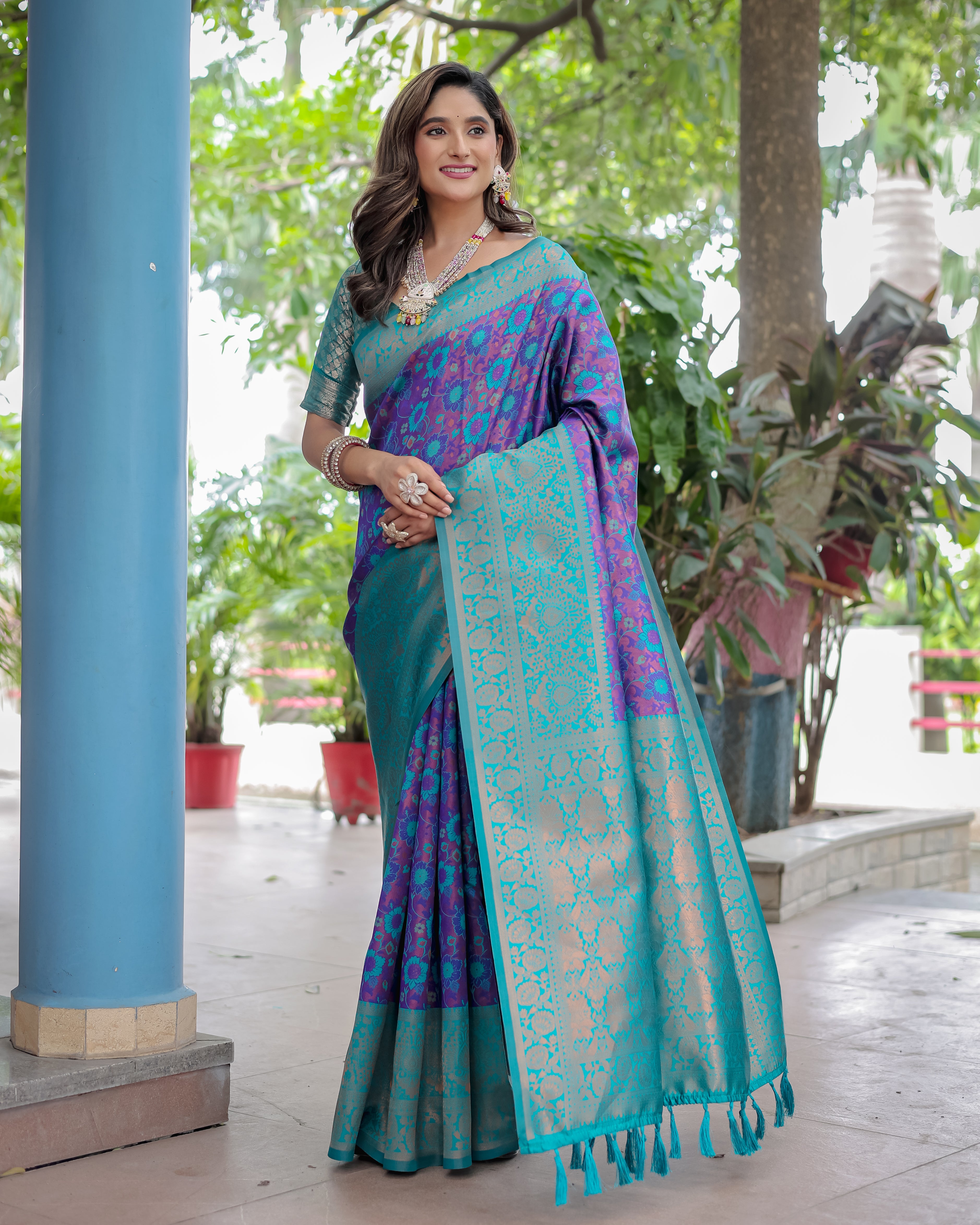 Purple and Teal Designer Tassels Banarsi Silk Saree