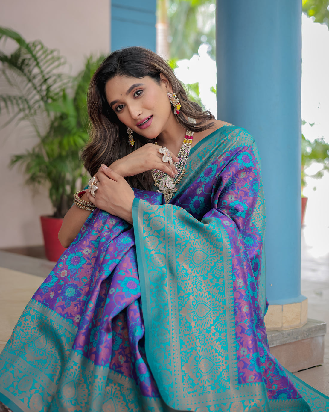 Purple and Teal Designer Tassels Banarsi Silk Saree