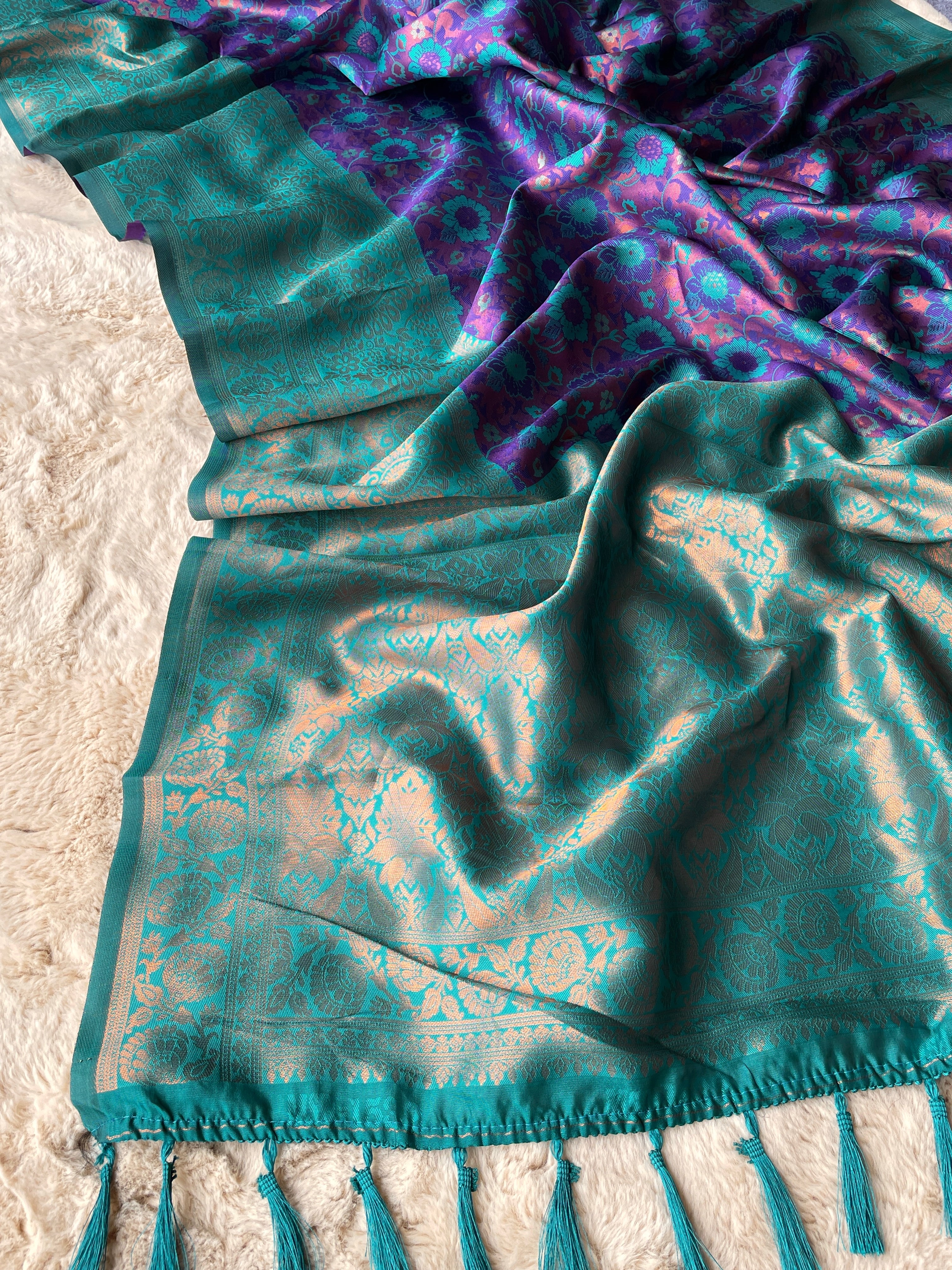 Purple and Teal Designer Tassels Banarsi Silk Saree