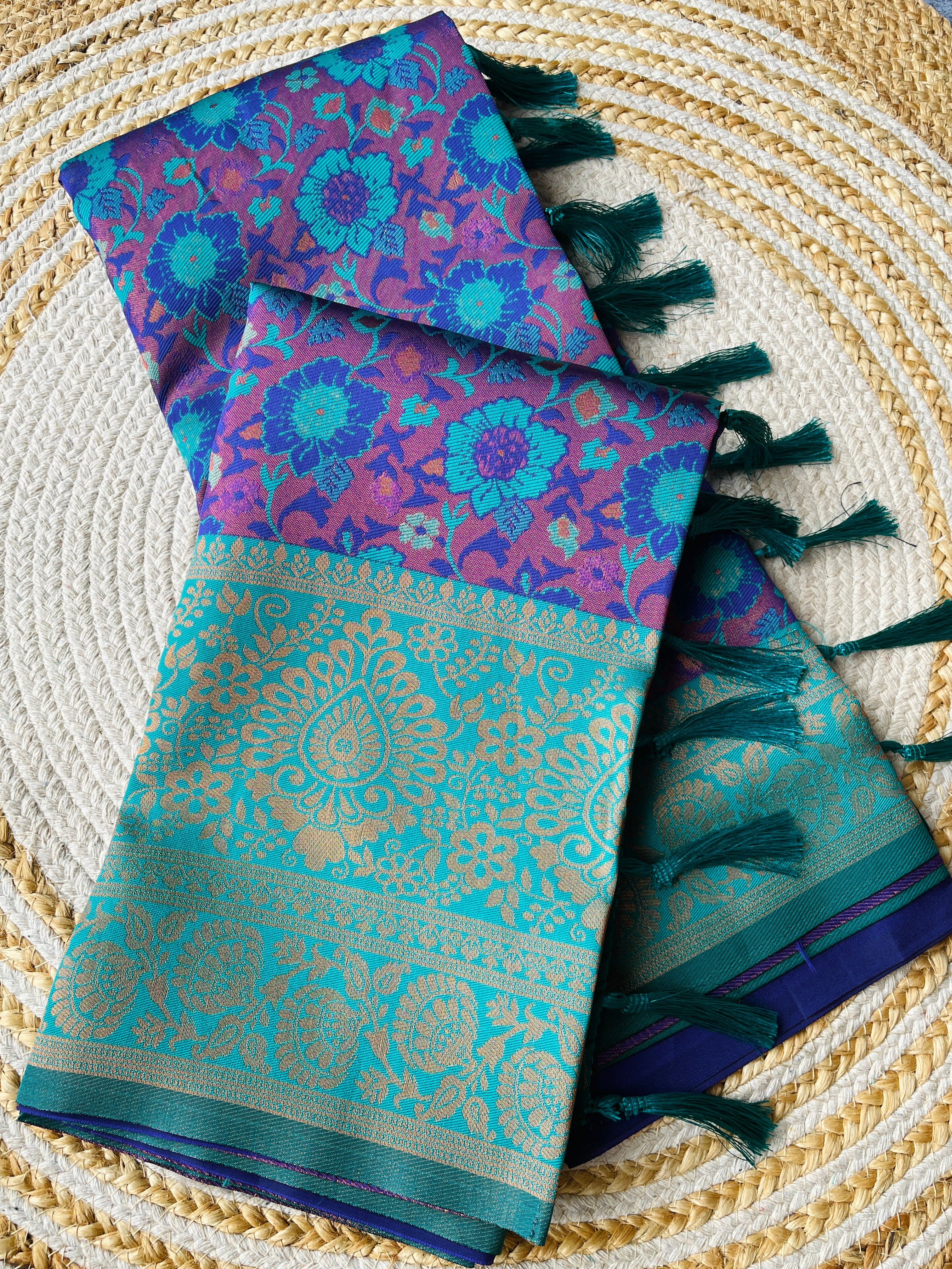 Purple and Teal Designer Tassels Banarsi Silk Saree