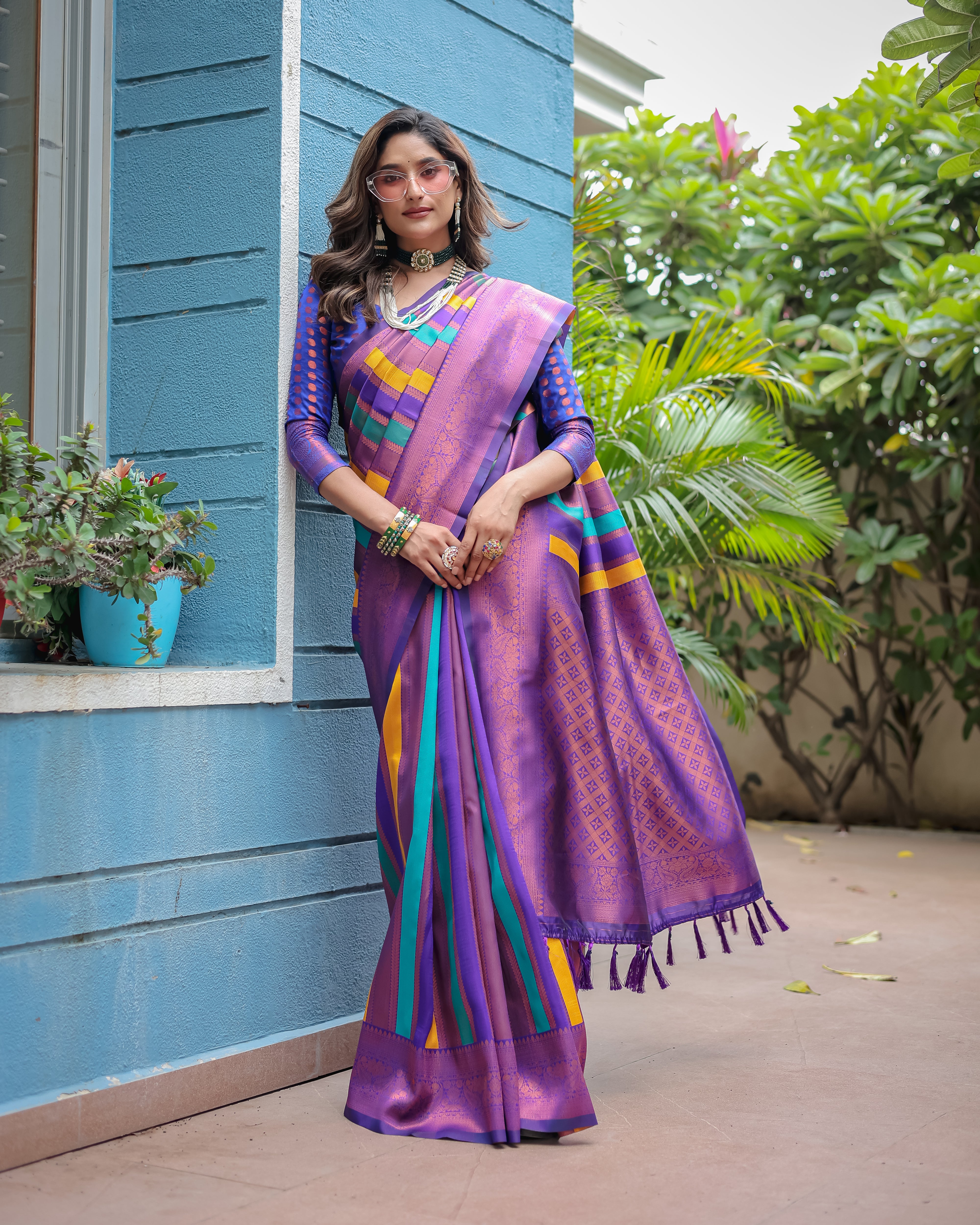 Purple and Violet Pure Soft Semi Kanjivaram Pattu Silk Saree