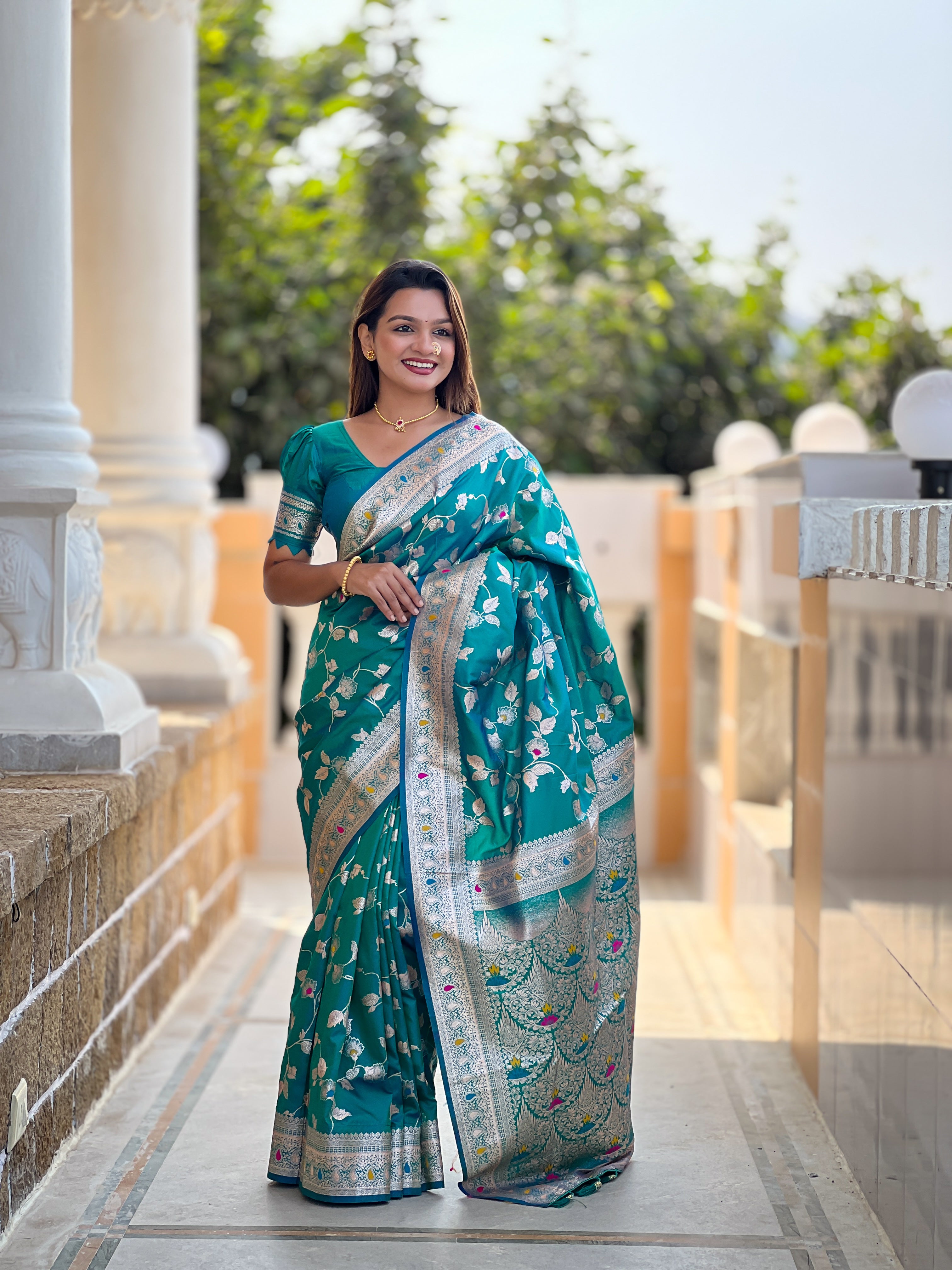 Rama Zari Embroidered Banarasi Silk Saree