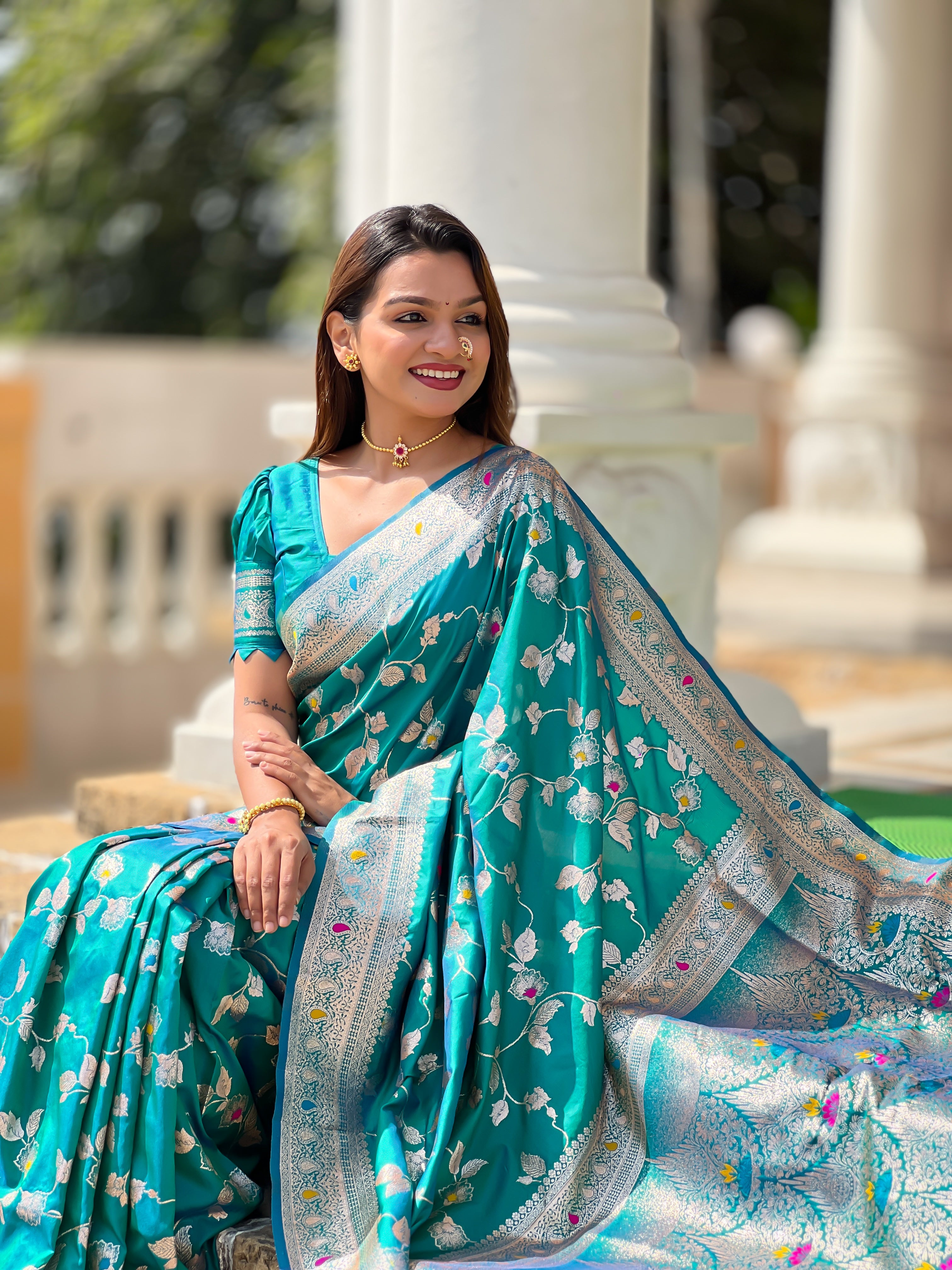 Rama Zari Embroidered Banarasi Silk Saree