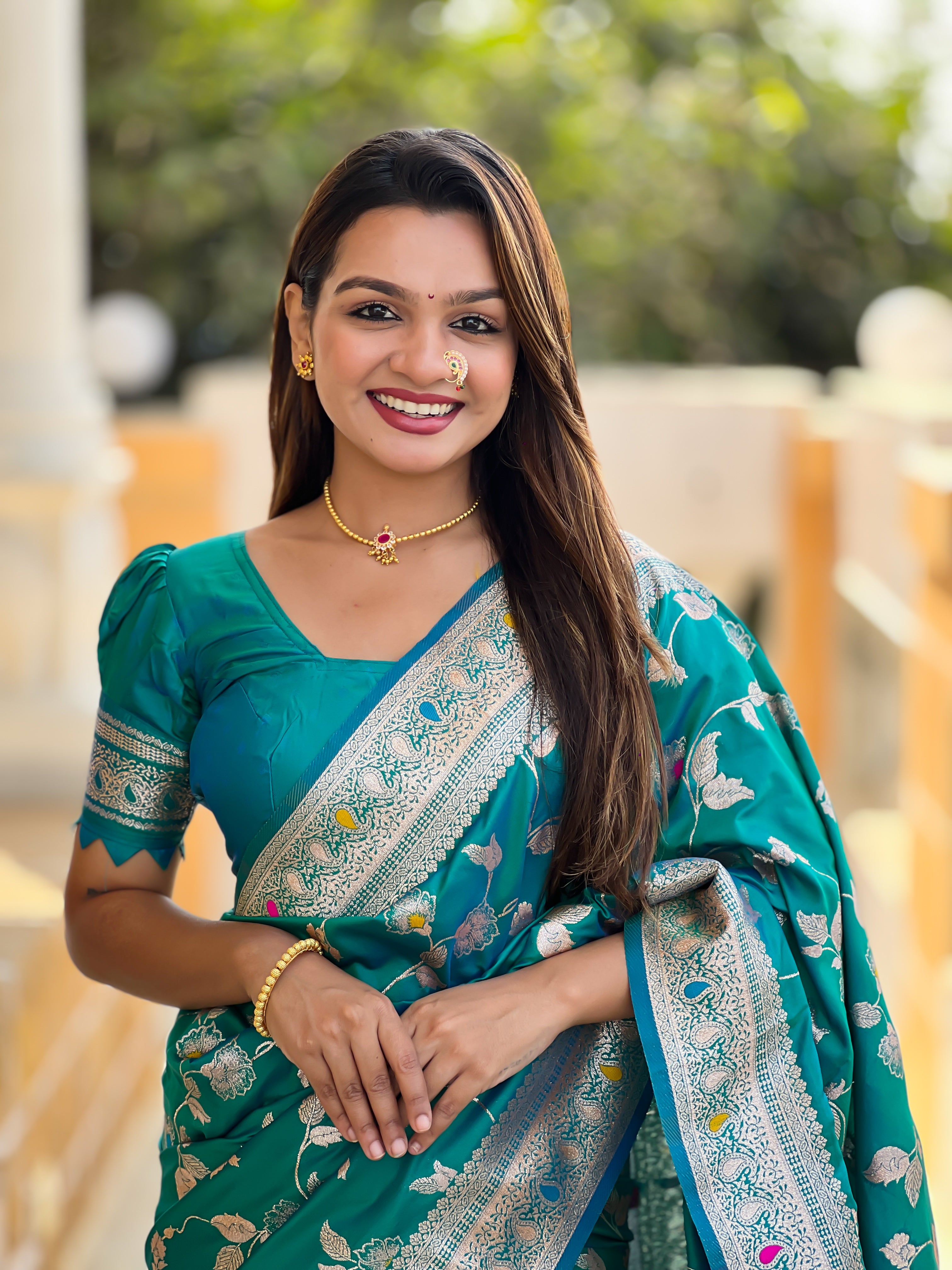 Rama Zari Embroidered Banarasi Silk Saree