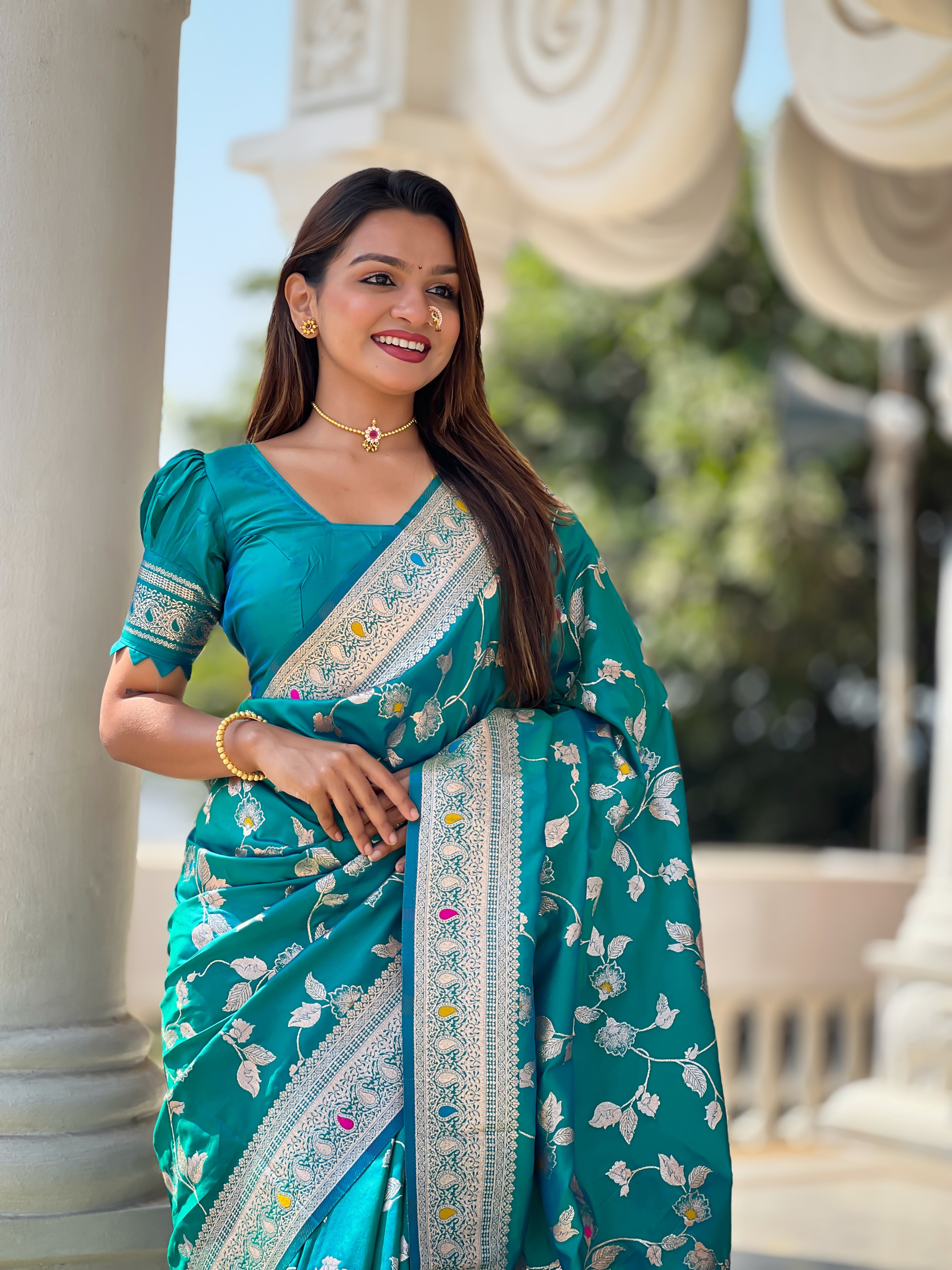 Rama Zari Embroidered Banarasi Silk Saree