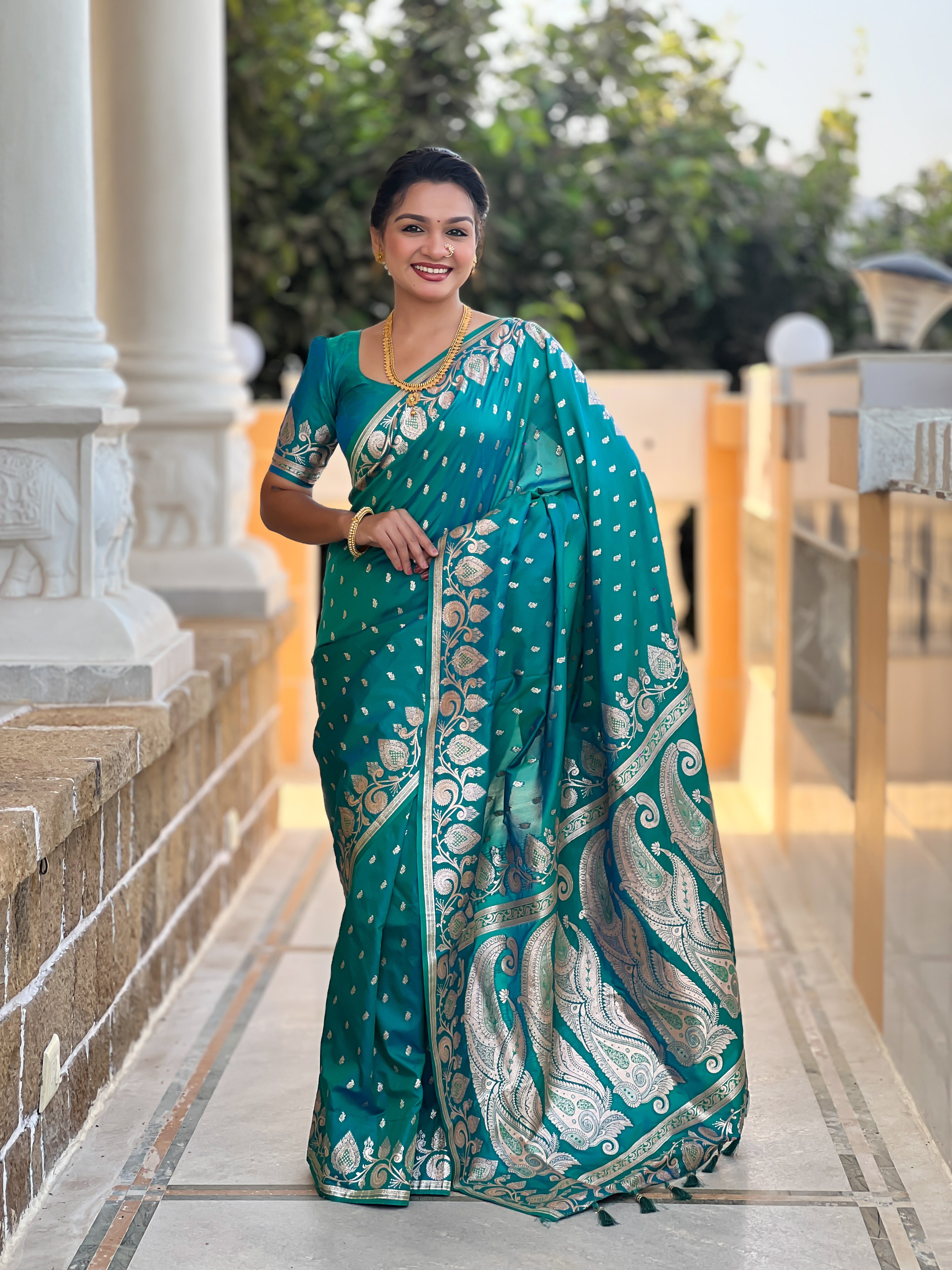 Rama Soft Banarasi Silk Blend Saree With Zari Weaving