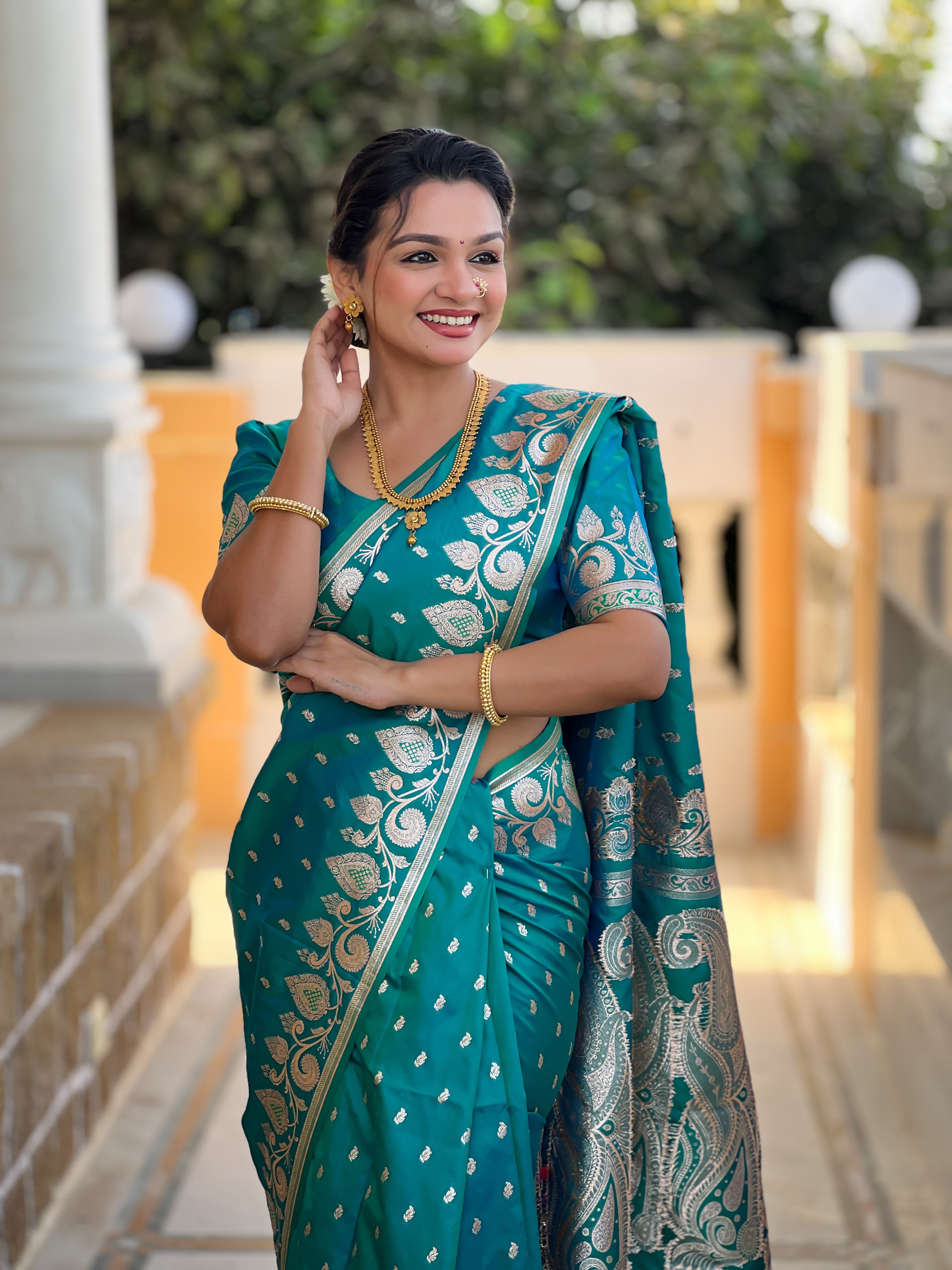 Rama Soft Banarasi Silk Blend Saree With Zari Weaving