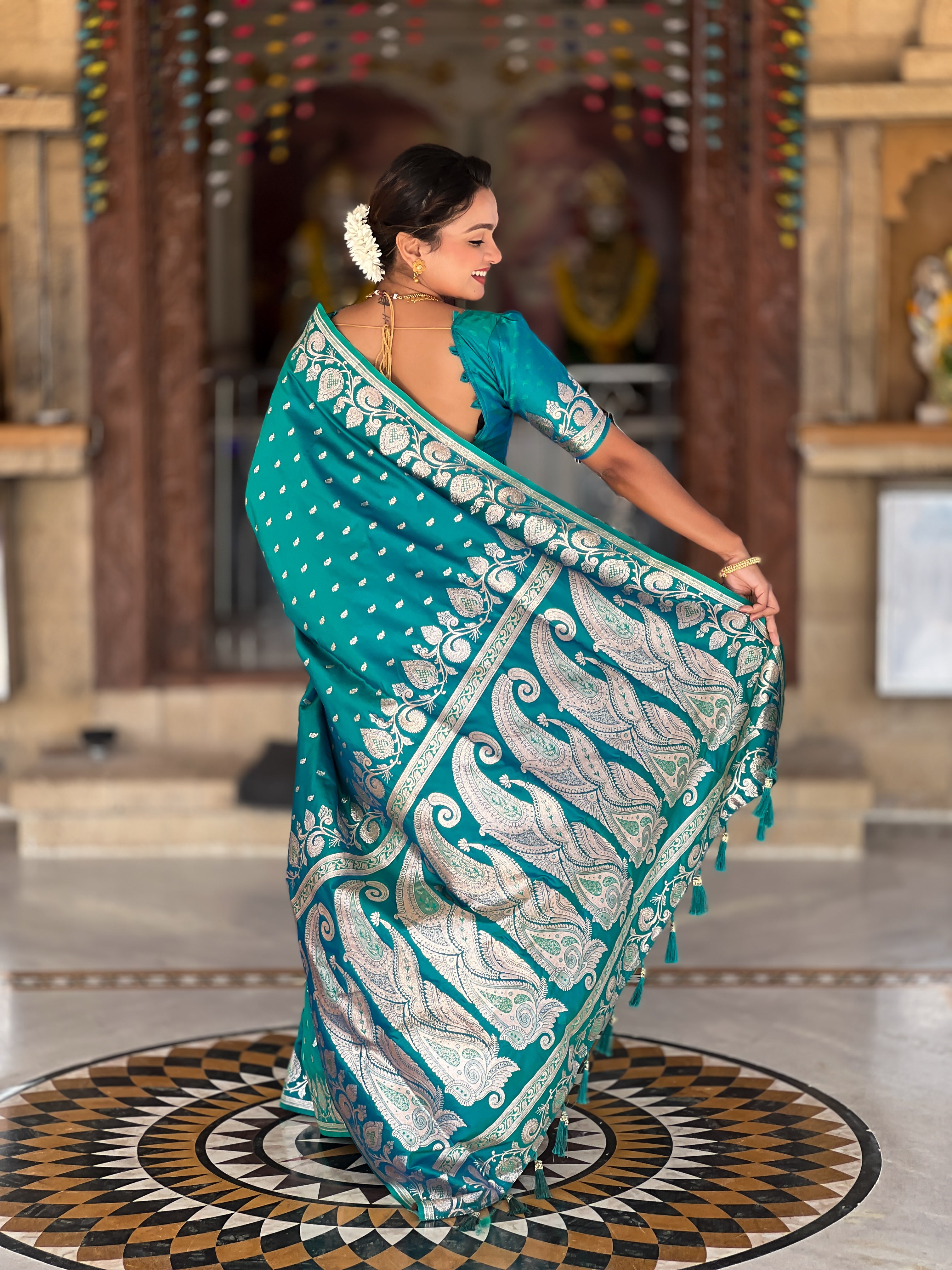 Rama Soft Banarasi Silk Blend Saree With Zari Weaving