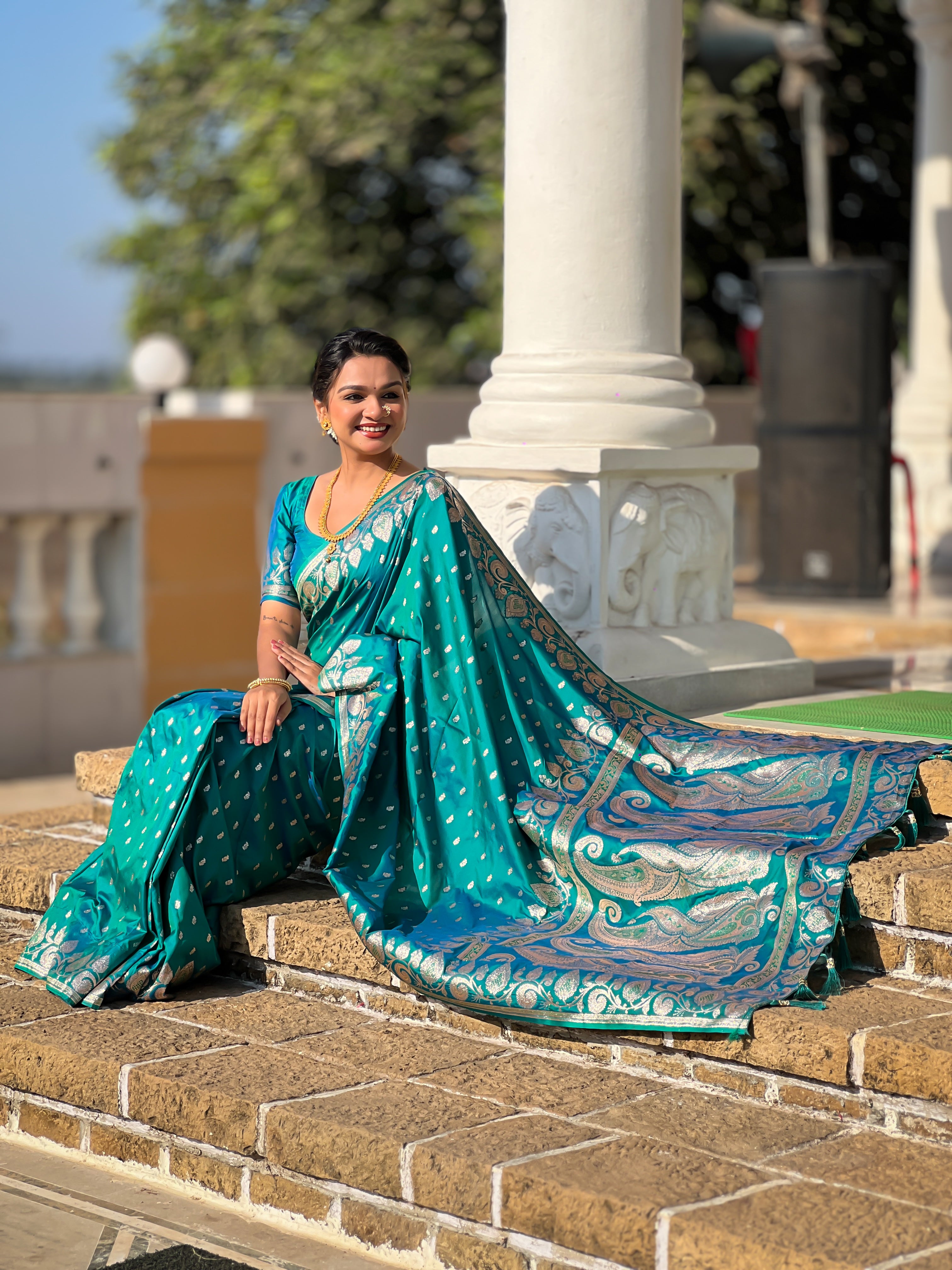 Rama Soft Banarasi Silk Blend Saree With Zari Weaving