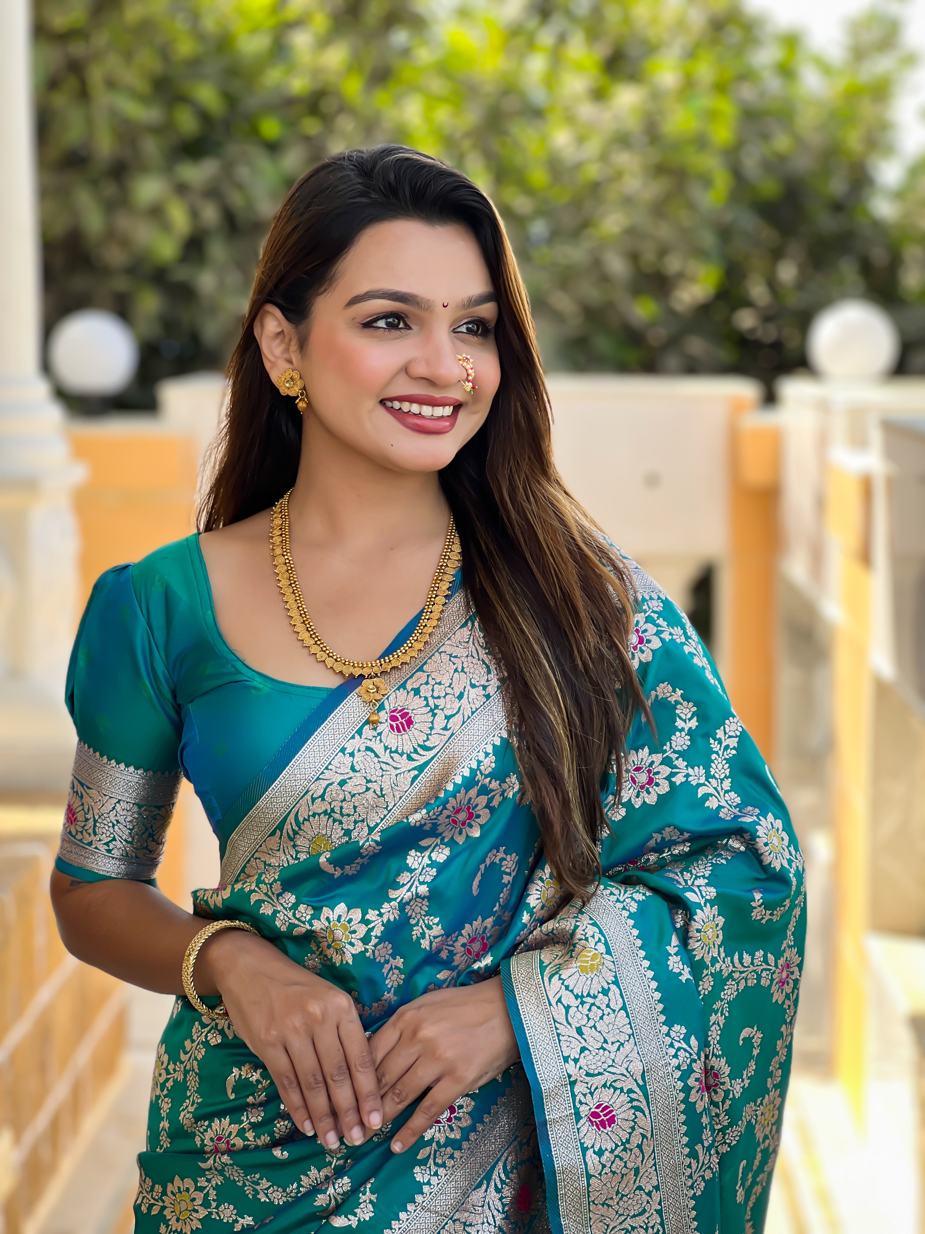 Rama Soft Banarasi Silk Saree with Zari Weaving Meenakari