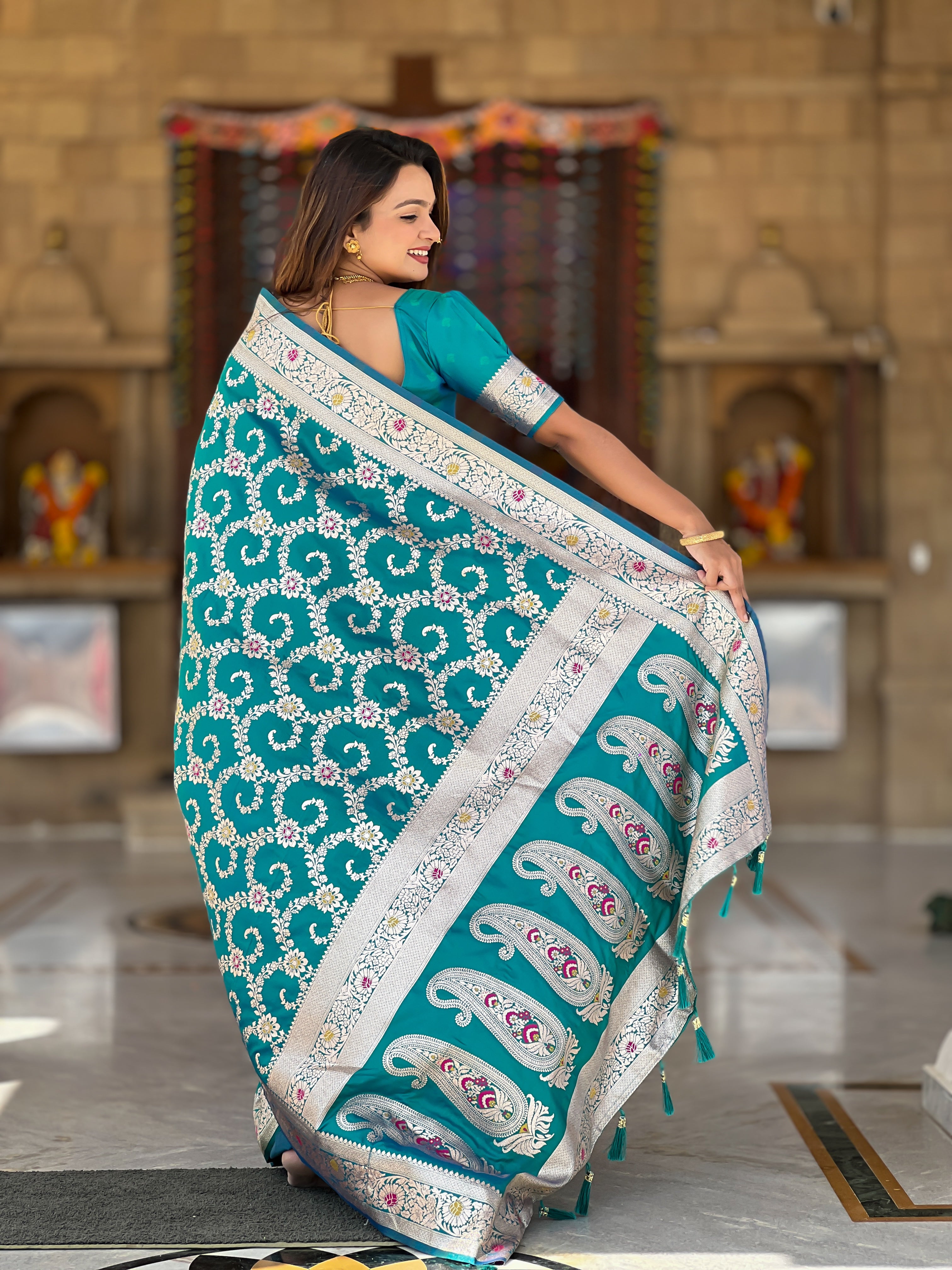 Rama Soft Banarasi Silk Saree with Zari Weaving Meenakari