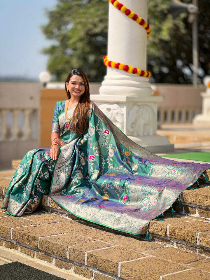 Rama Soft Banarasi Silk Saree with Zari Weaving Meenakari Touchup Design