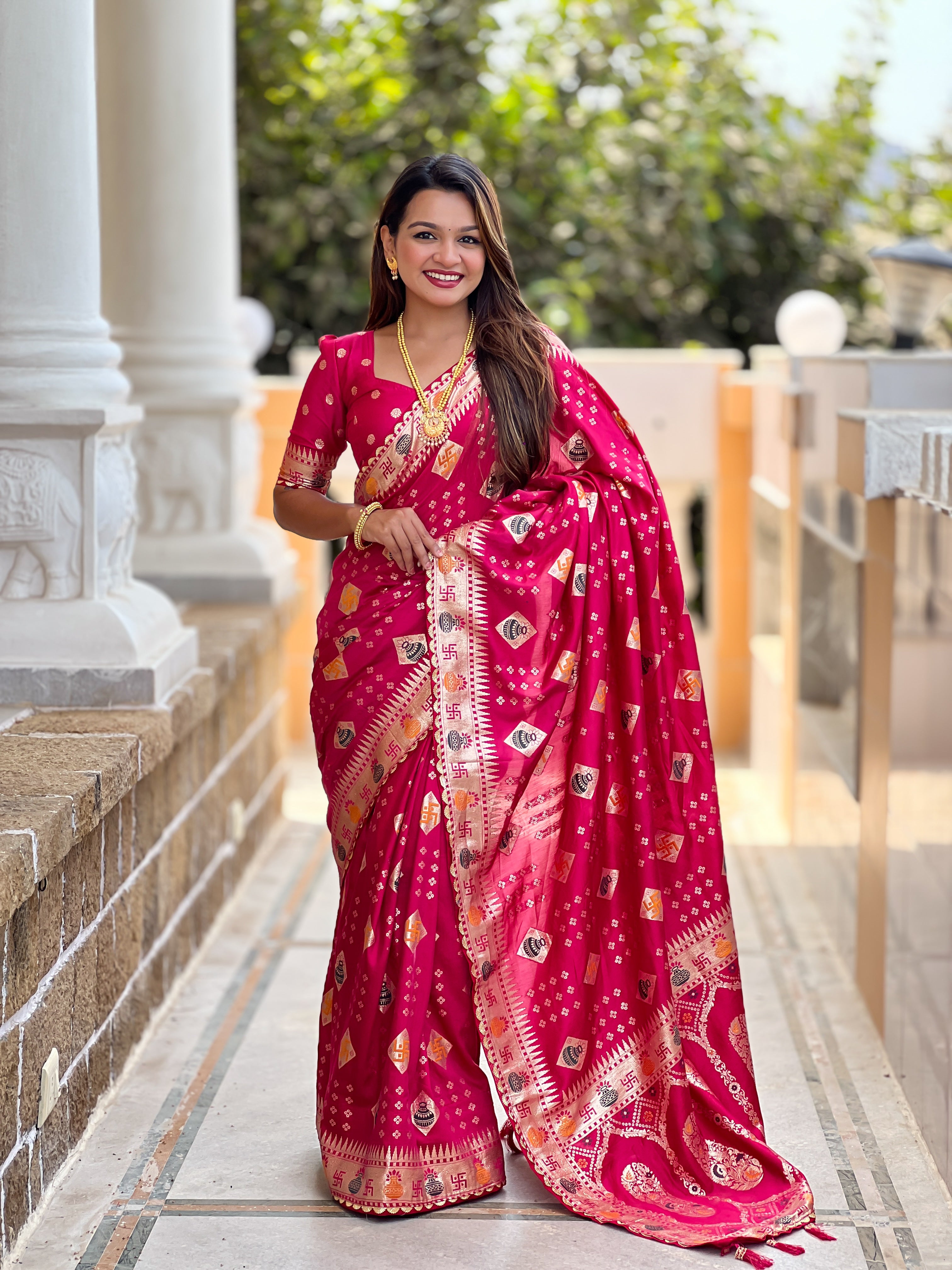 Rani Pink Swastik Dolla Silk Saree Heavy Meenakari Kalash Design