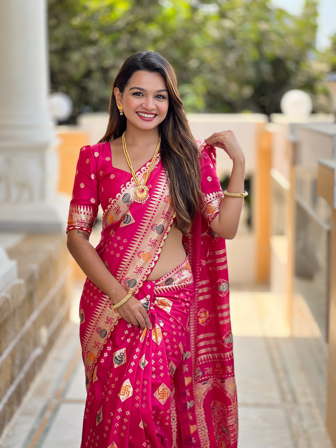 Red Swastik Dolla Silk Saree Heavy Meenakari Kalash Design