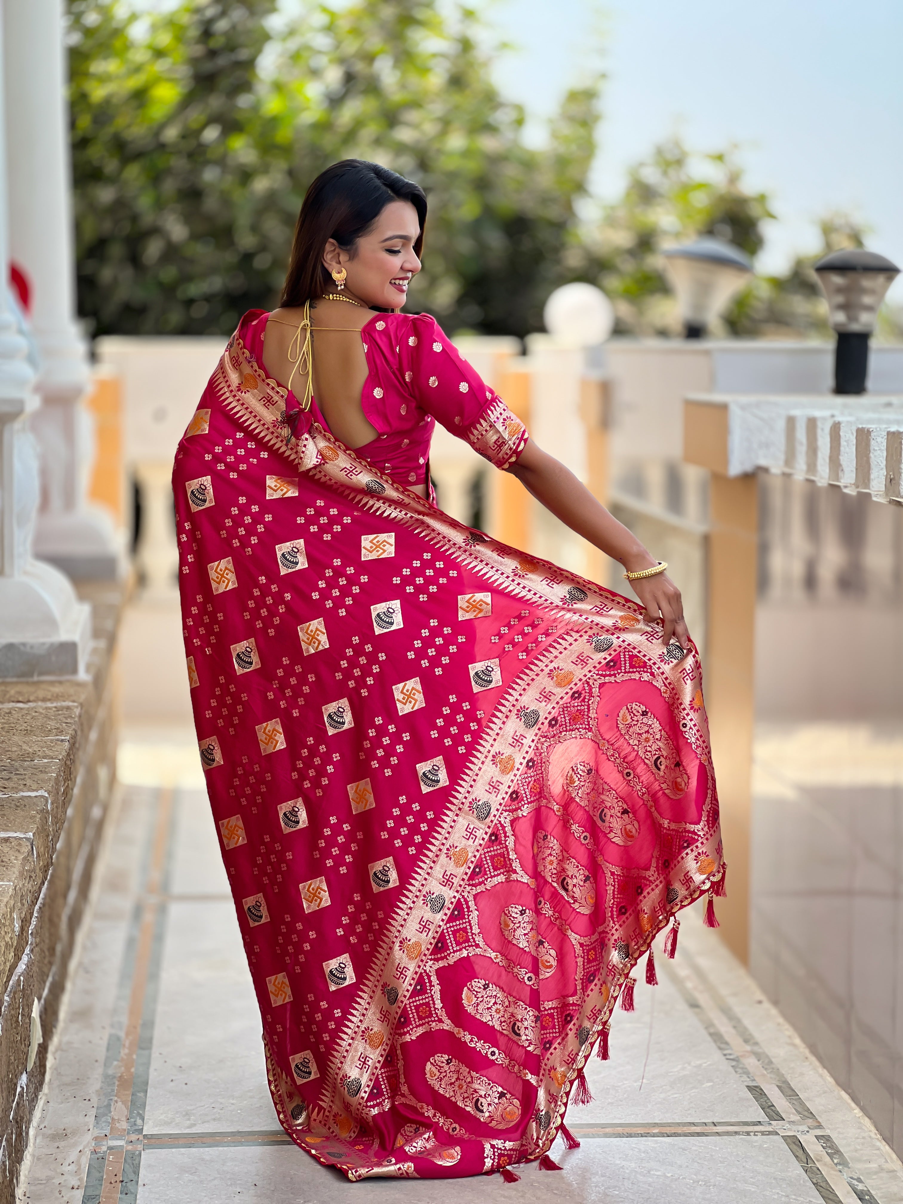 Red Swastik Dolla Silk Saree Heavy Meenakari Kalash Design