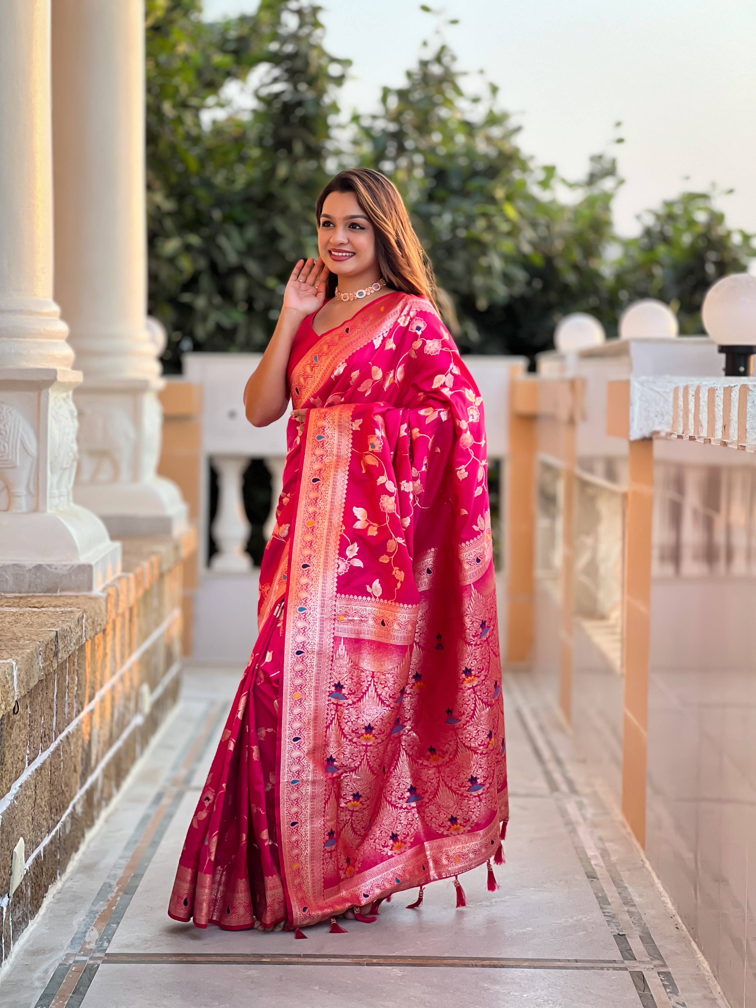 Rani Pink Zari Embroidered Banarasi Silk Saree