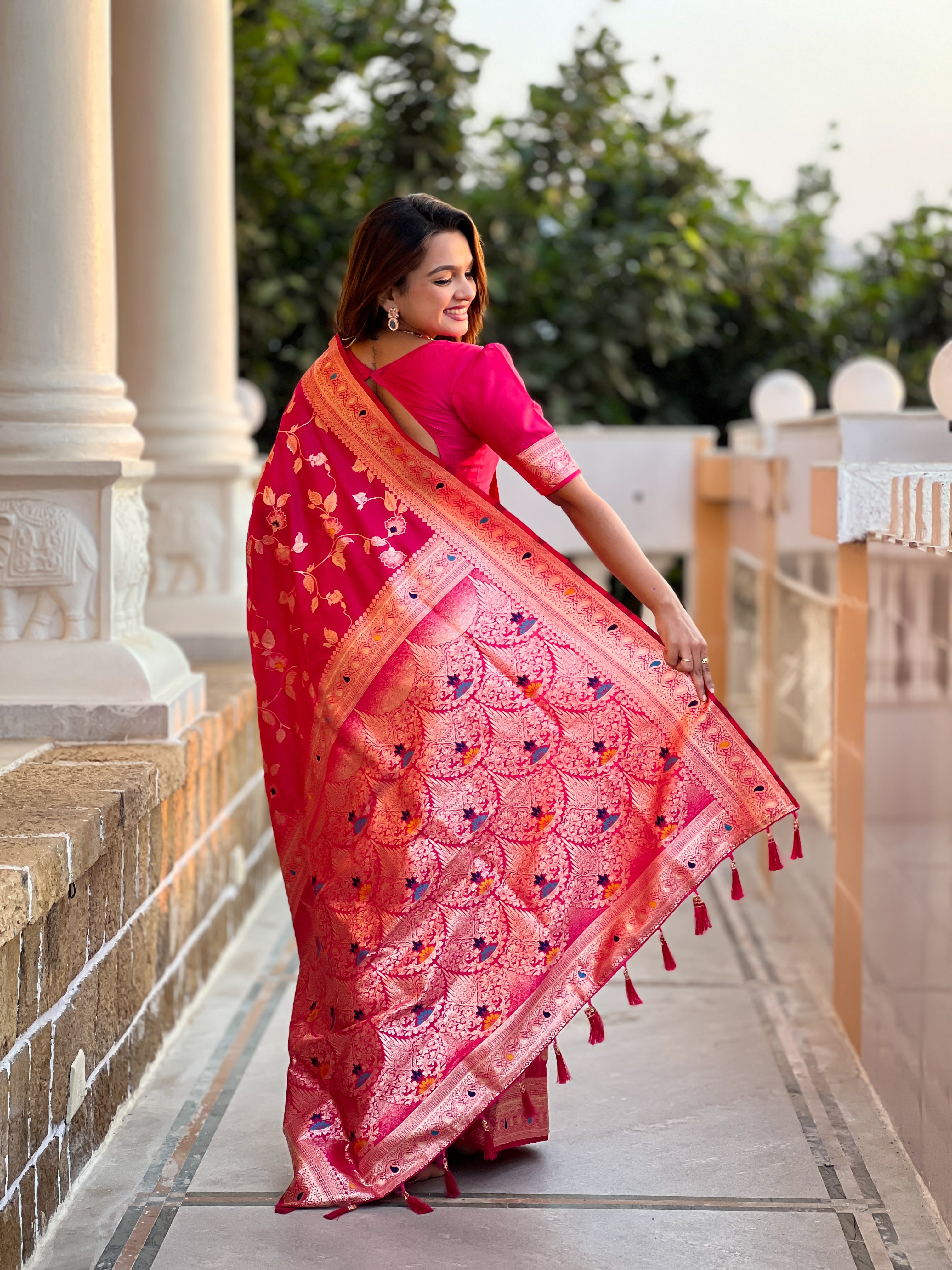 Rani Pink Zari Embroidered Banarasi Silk Saree