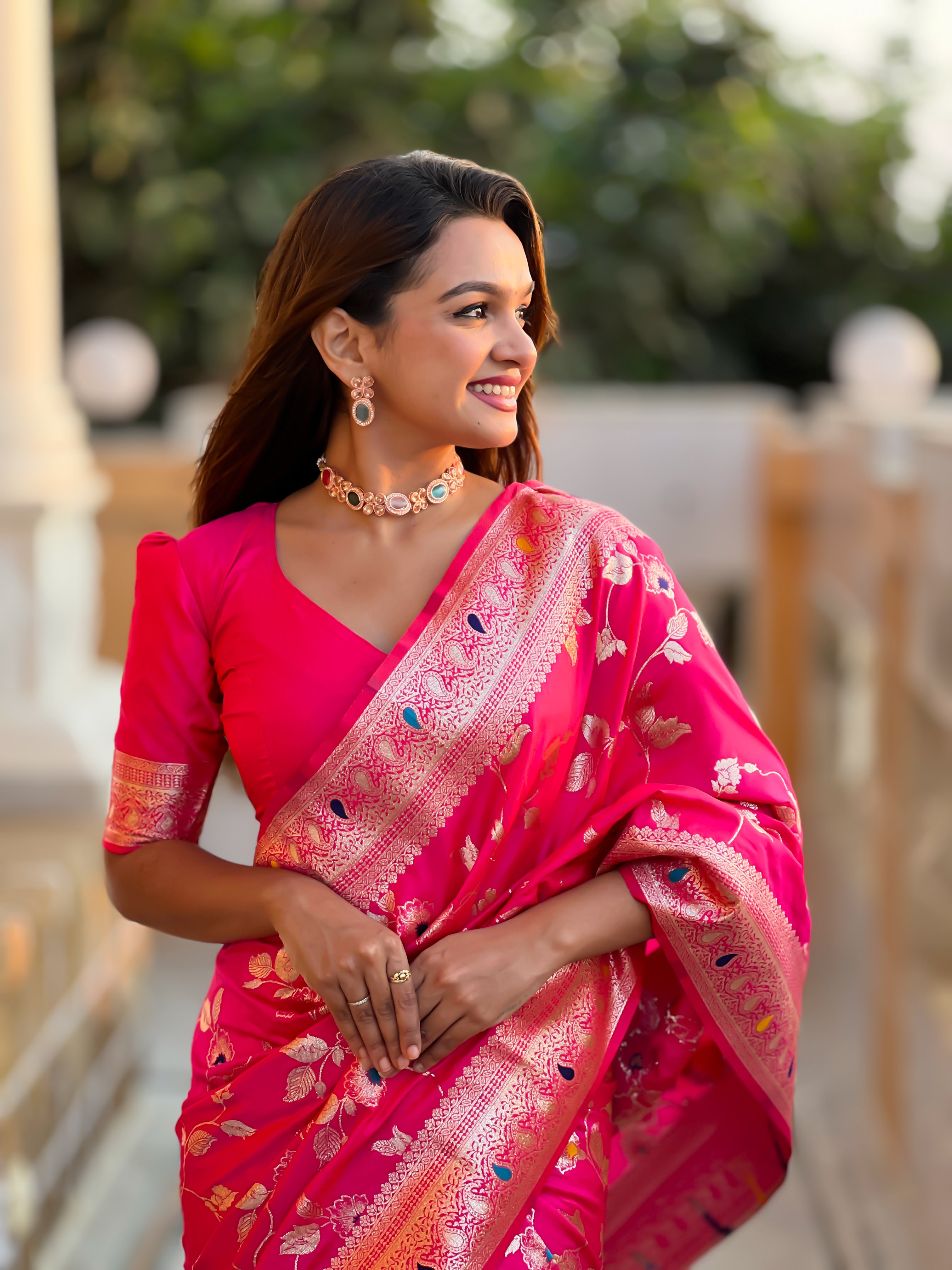 Rani Pink Zari Embroidered Banarasi Silk Saree