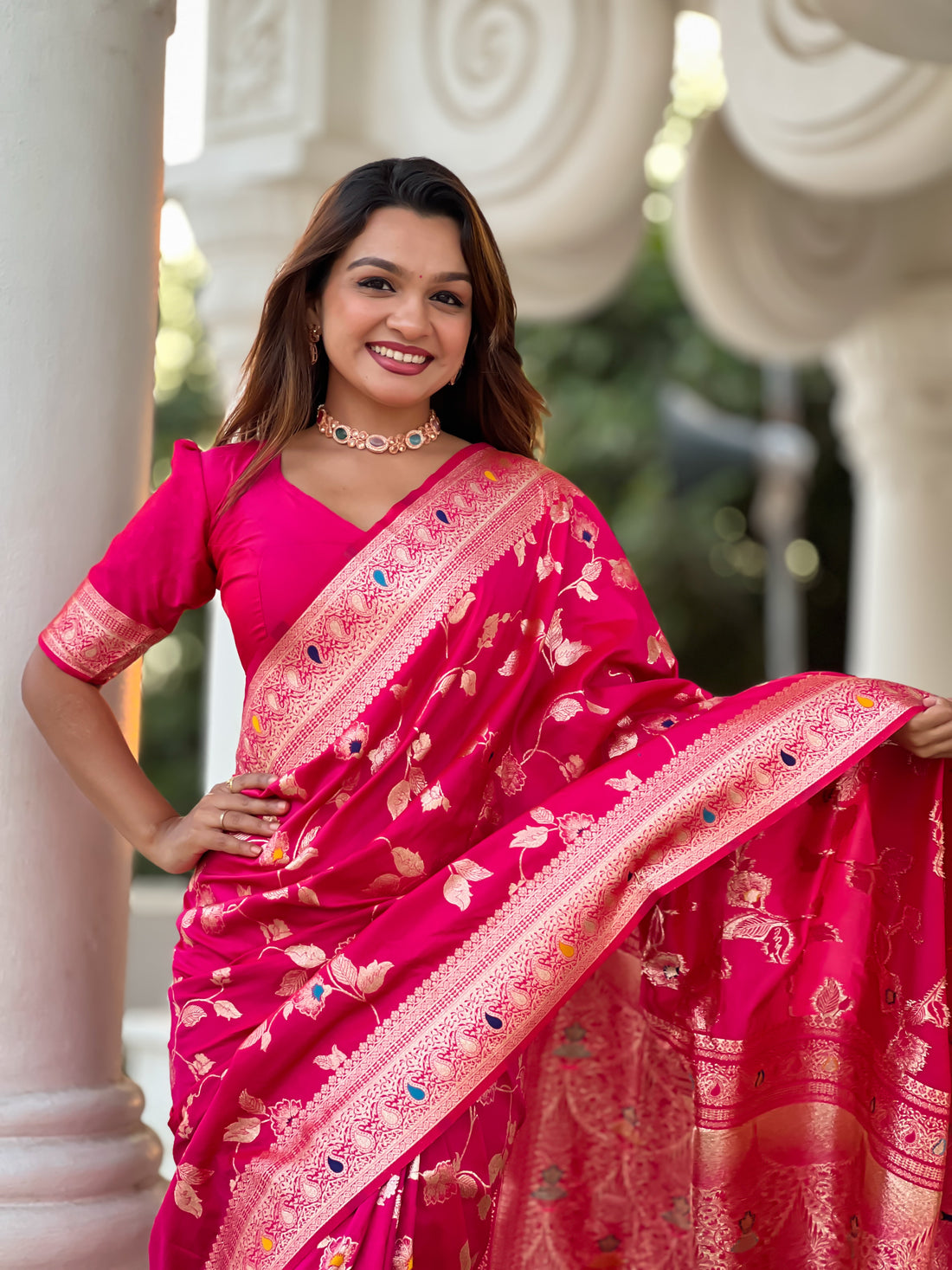 Rani Pink Zari Embroidered Banarasi Silk Saree