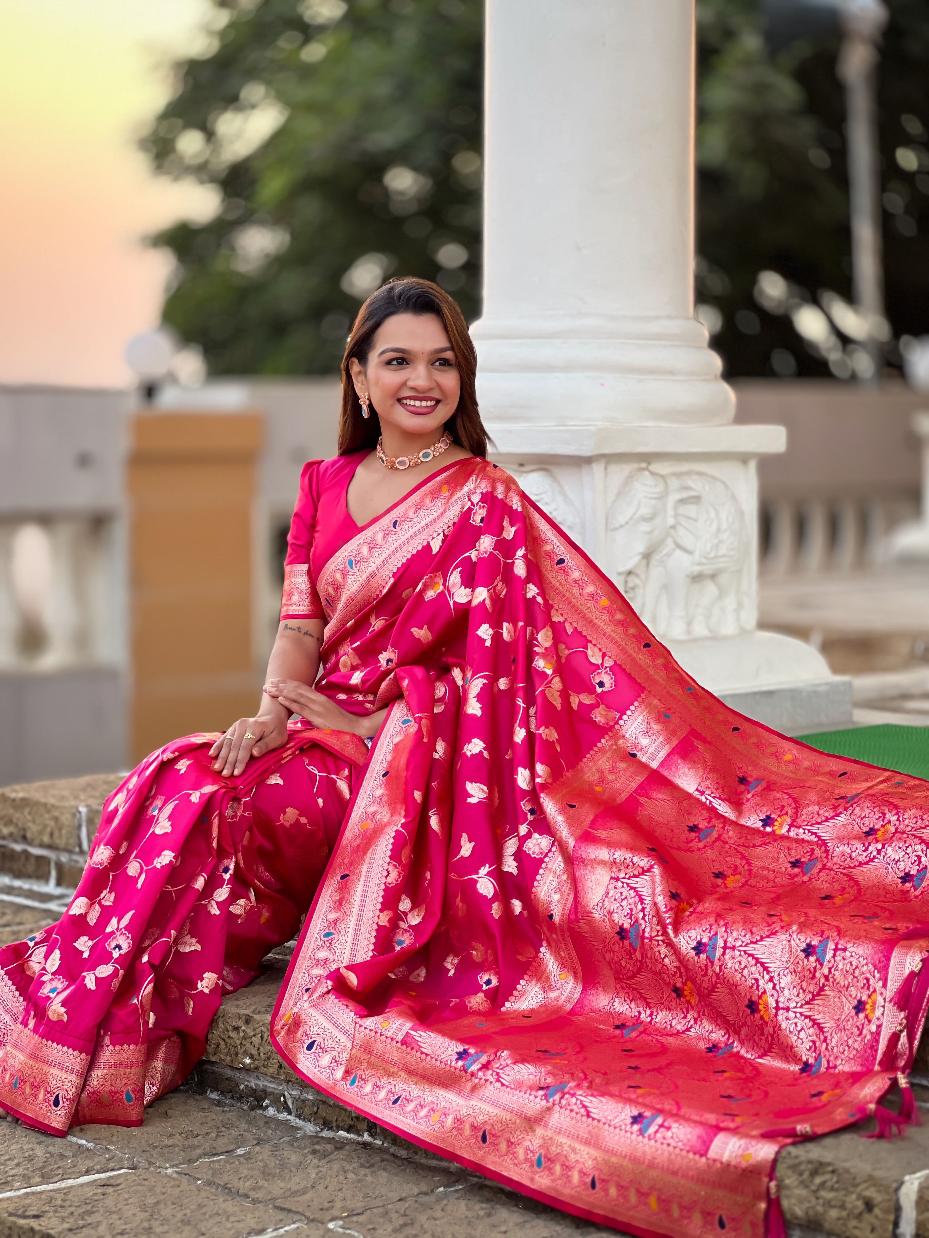 Rani Pink Zari Embroidered Banarasi Silk Saree