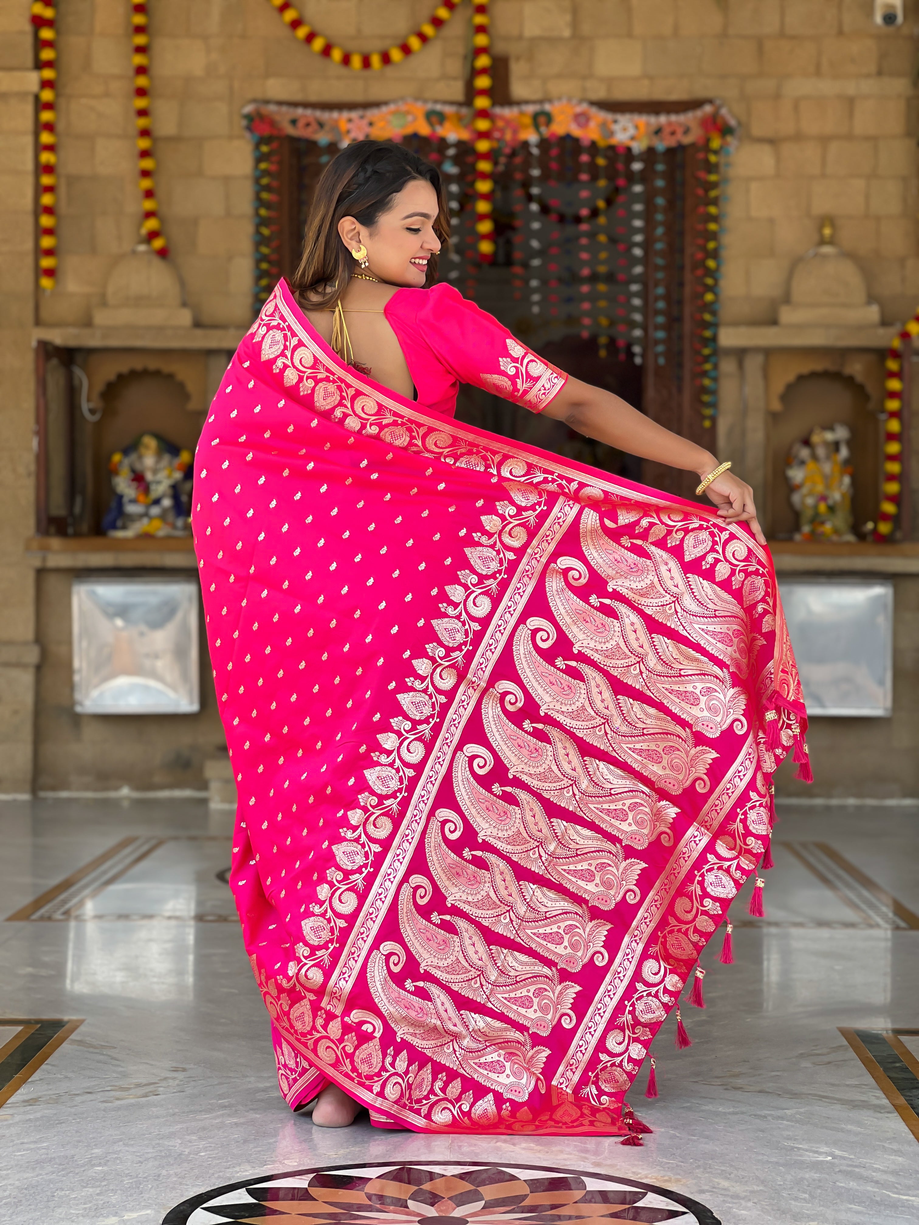 Rani Pink Soft Banarasi Silk Blend Saree With Zari Weaving