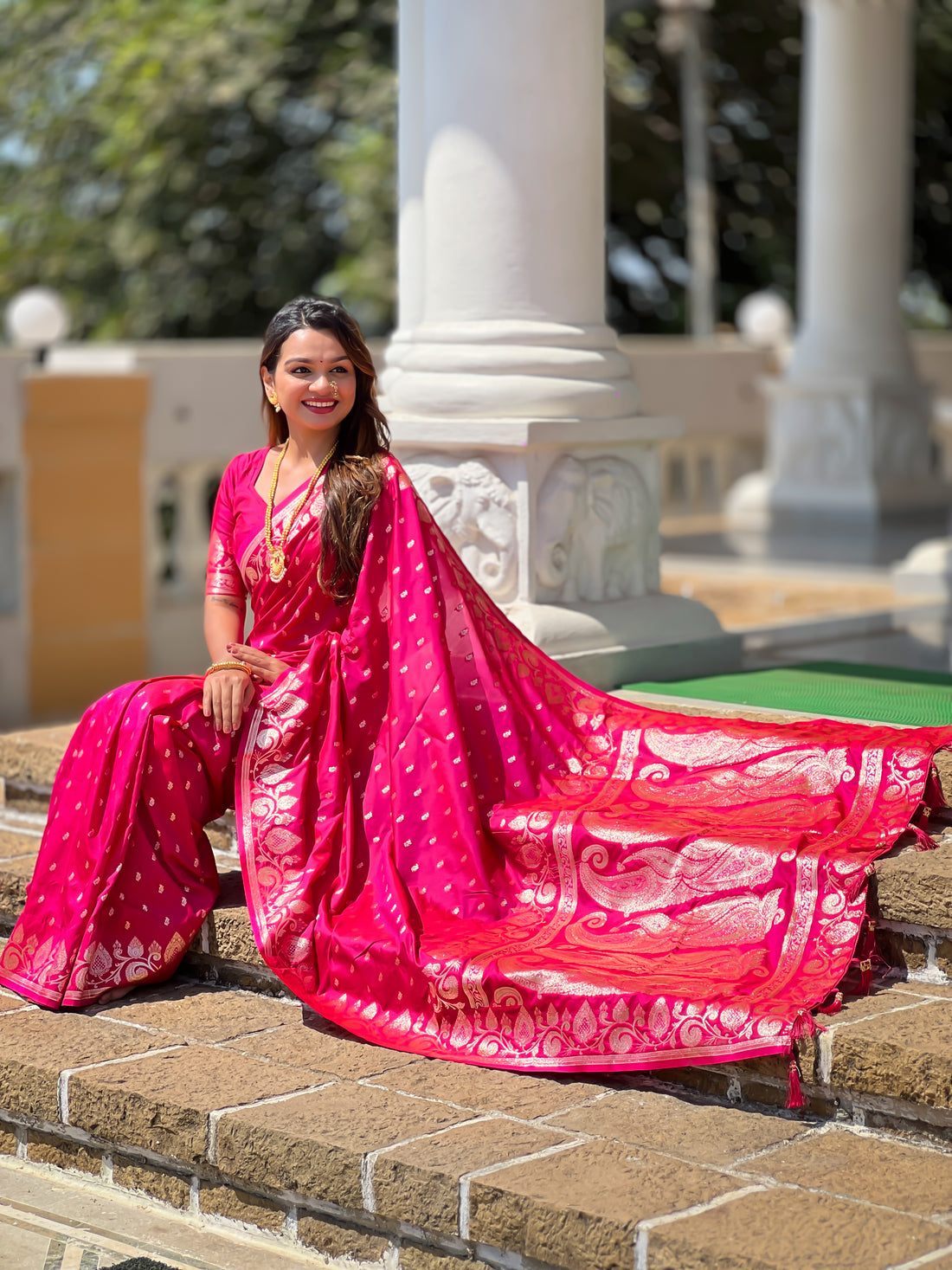 Rani Pink Soft Banarasi Silk Blend Saree With Zari Weaving