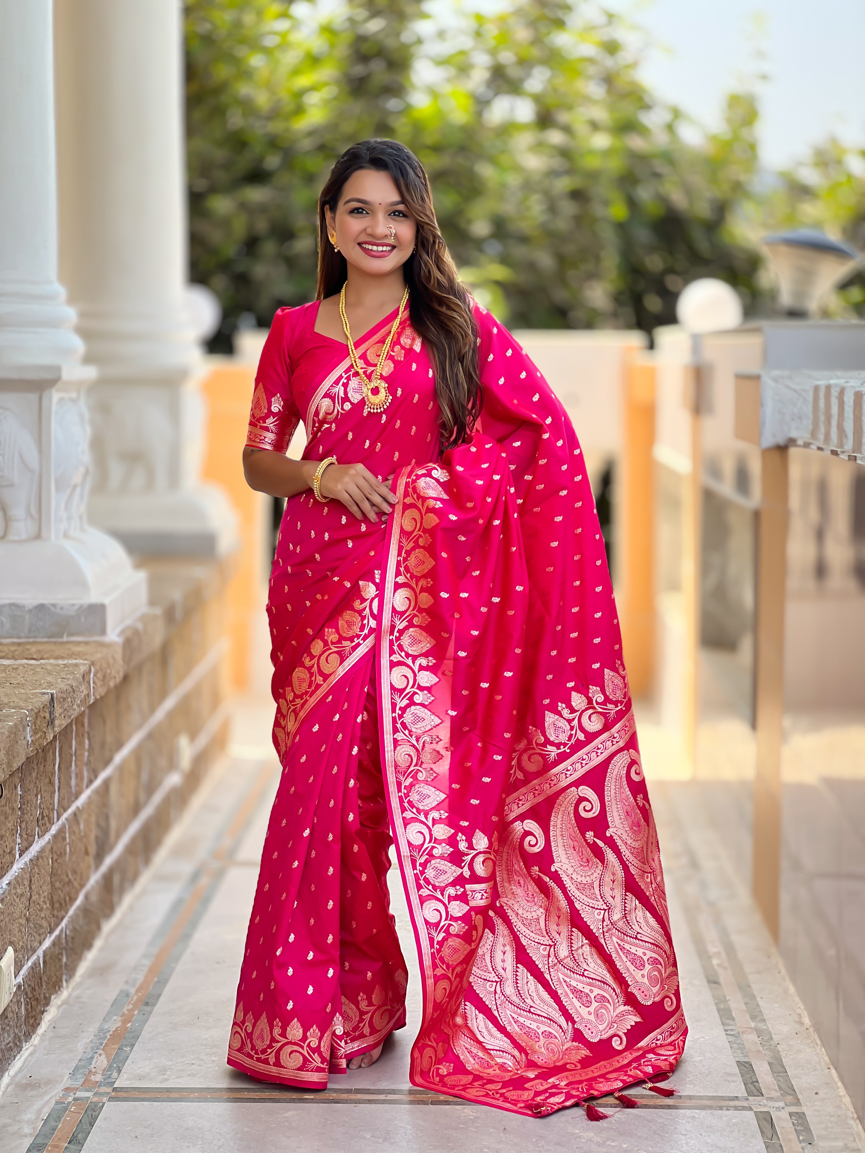 Rani Pink Soft Banarasi Silk Blend Saree With Zari Weaving