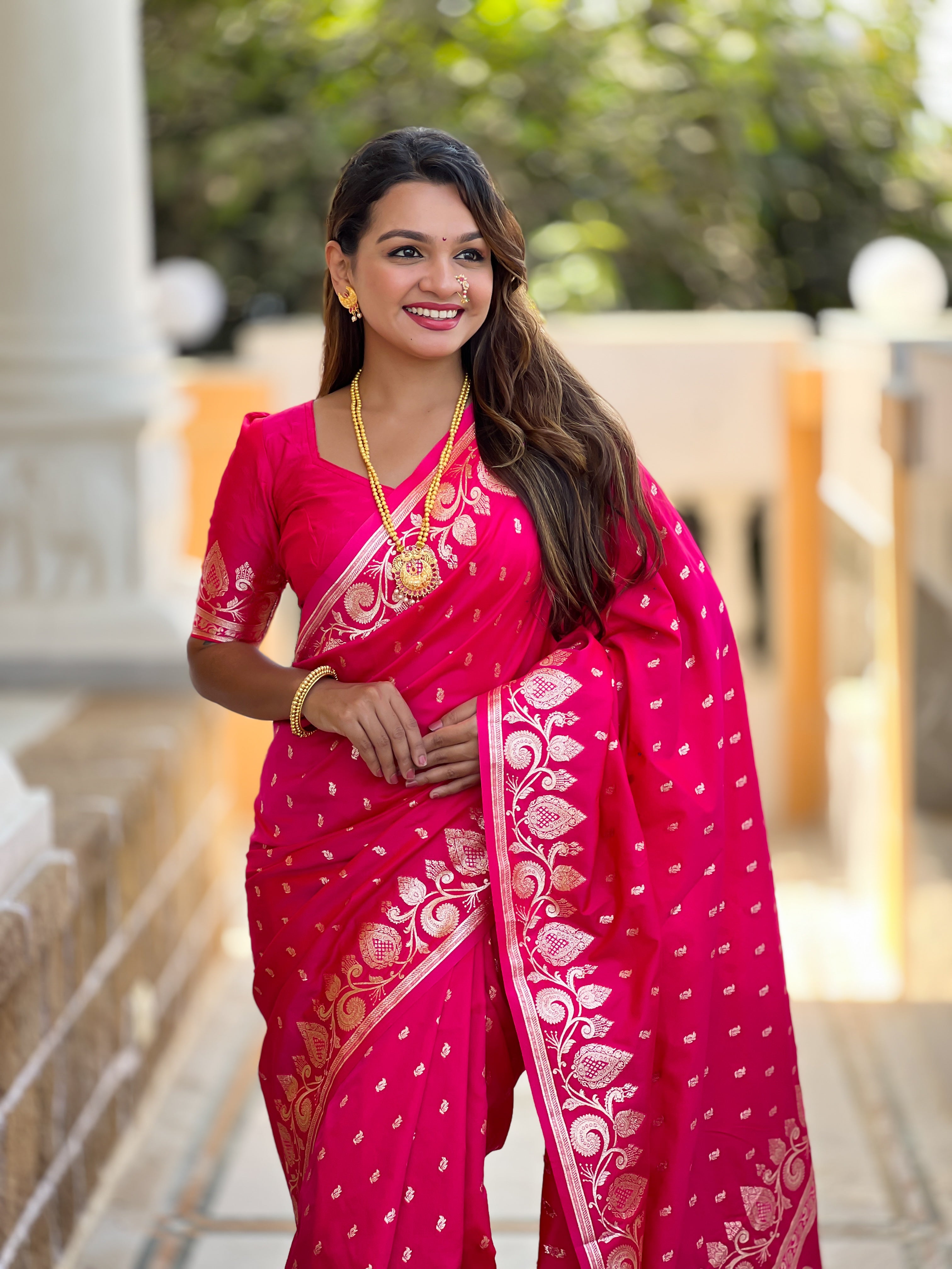 Rani Pink Soft Banarasi Silk Blend Saree With Zari Weaving