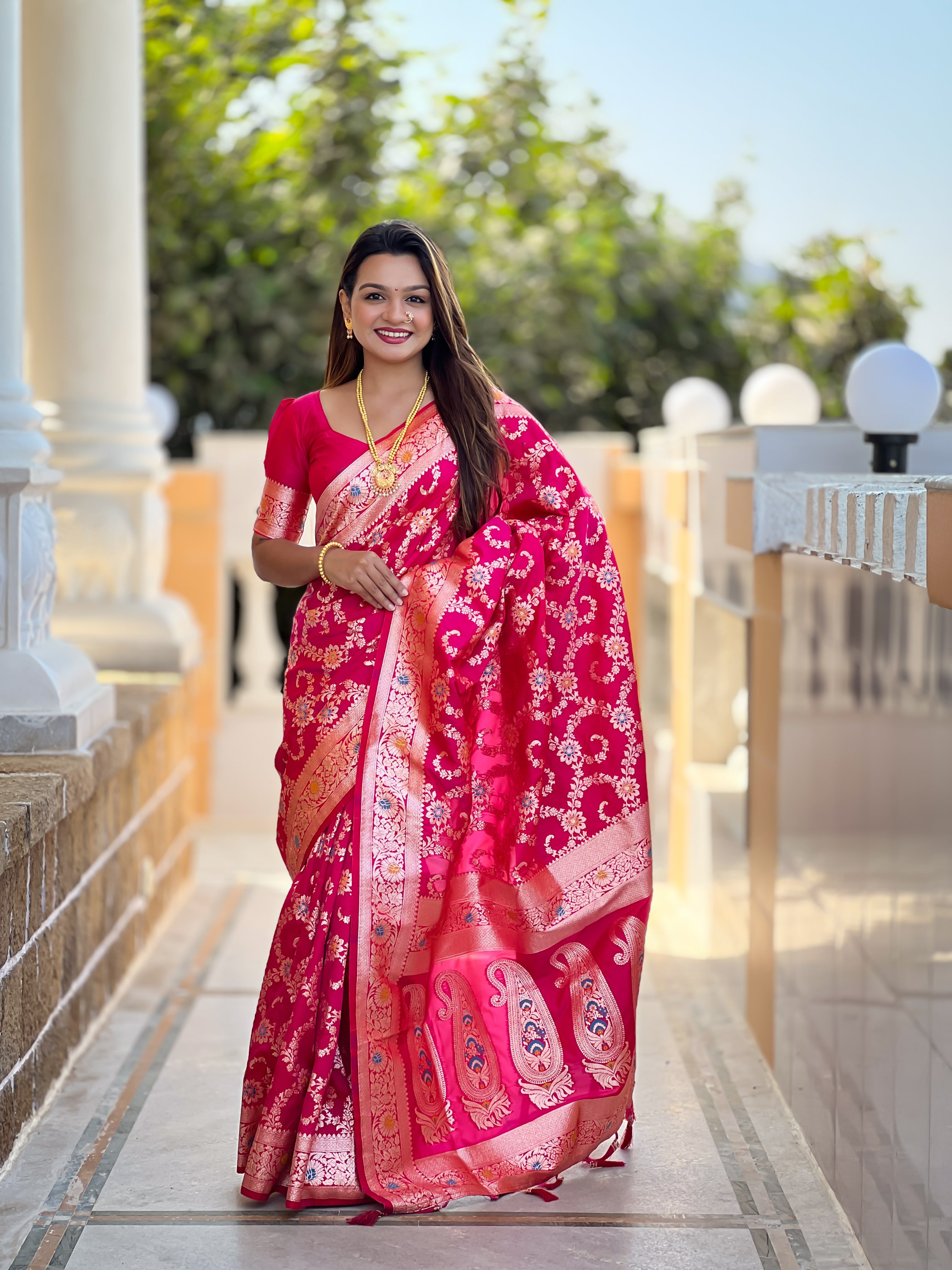 Rani Pink Soft Banarasi Silk Saree with Zari Weaving Meenakari