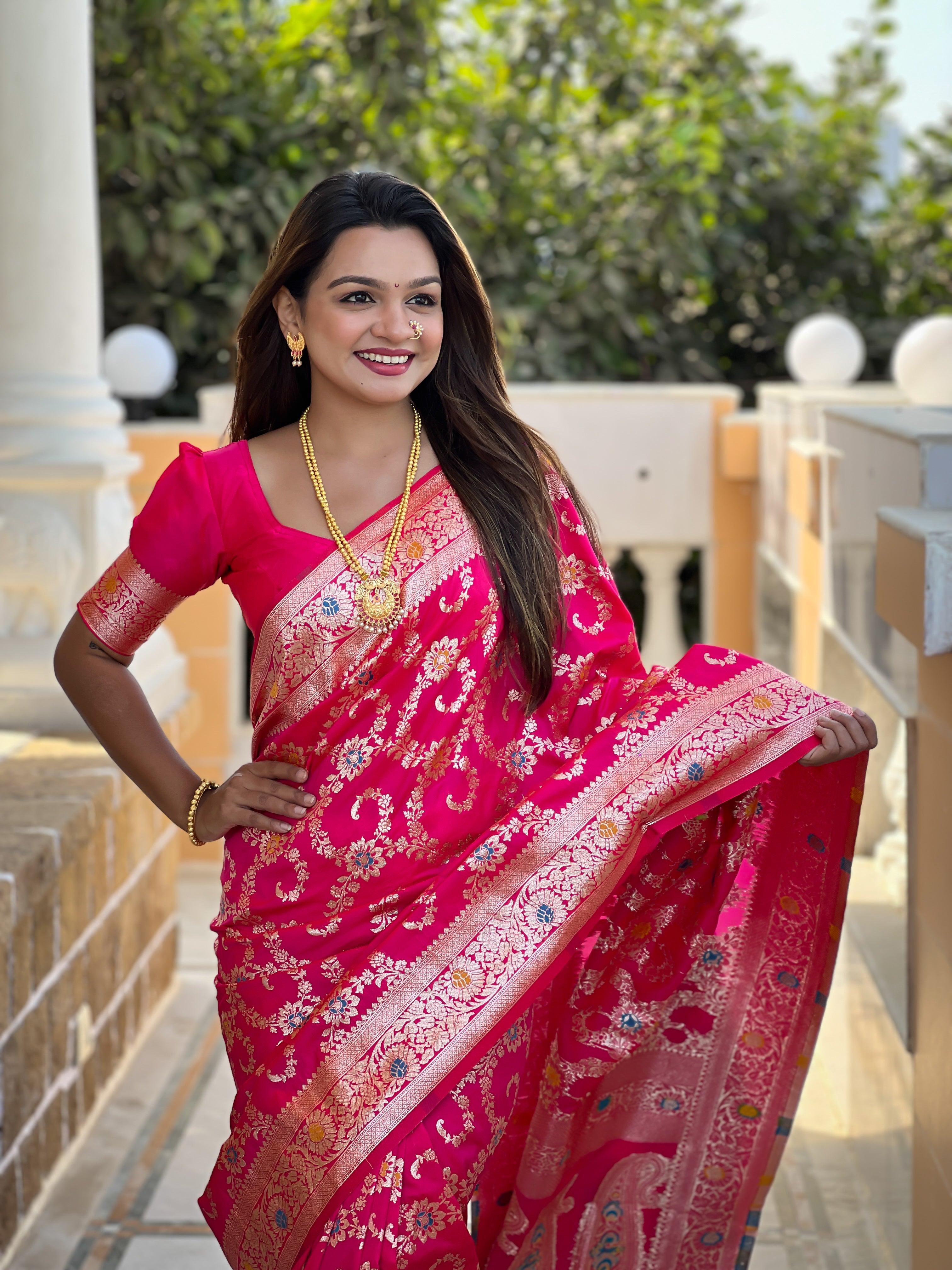 Rani Pink Soft Banarasi Silk Saree with Zari Weaving Meenakari