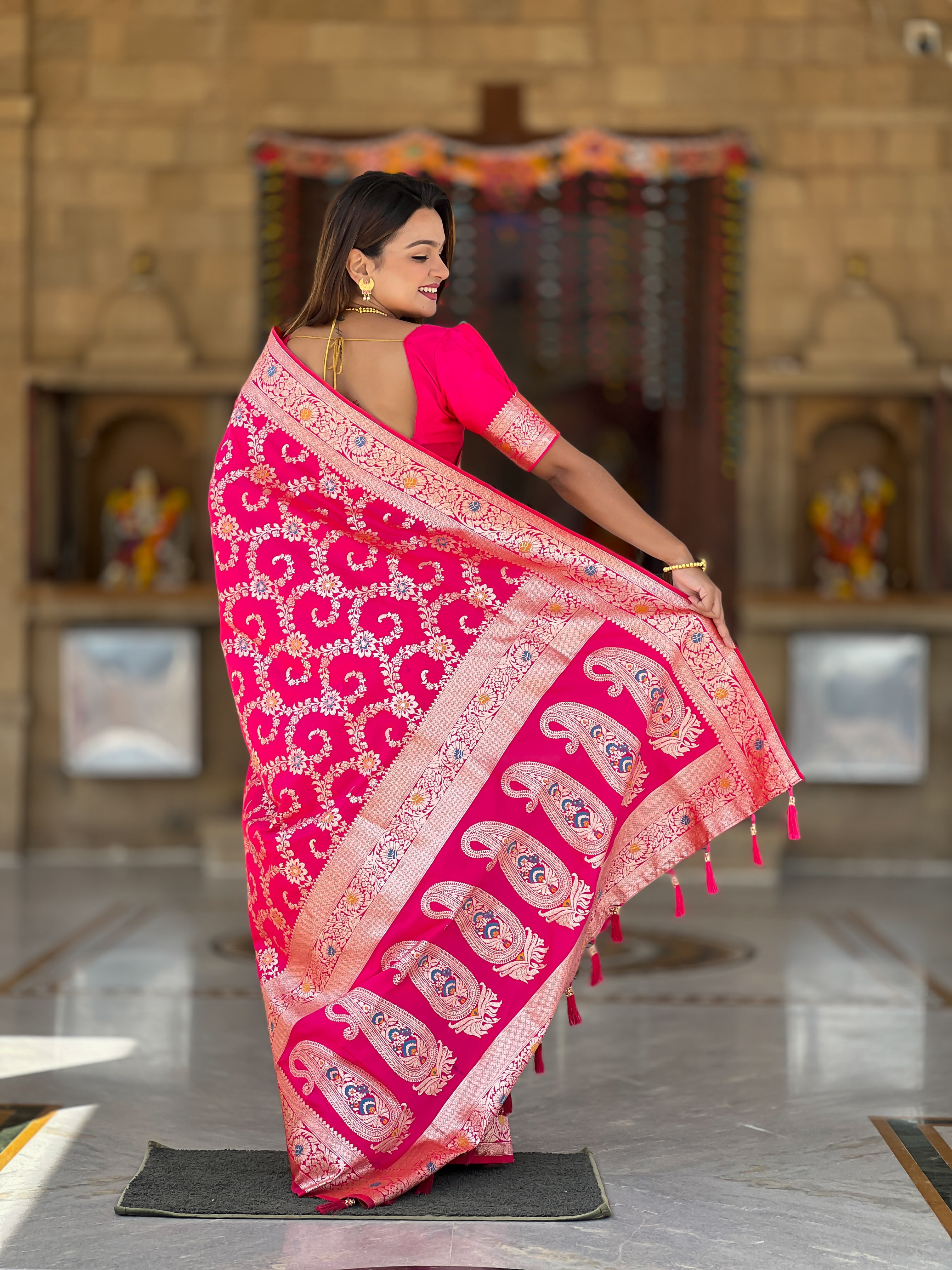 Rani Pink Soft Banarasi Silk Saree with Zari Weaving Meenakari