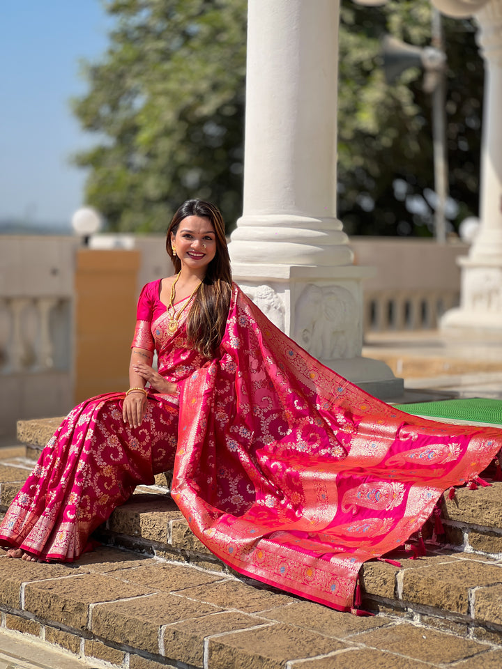Rani Pink Soft Banarasi Silk Saree with Zari Weaving Meenakari