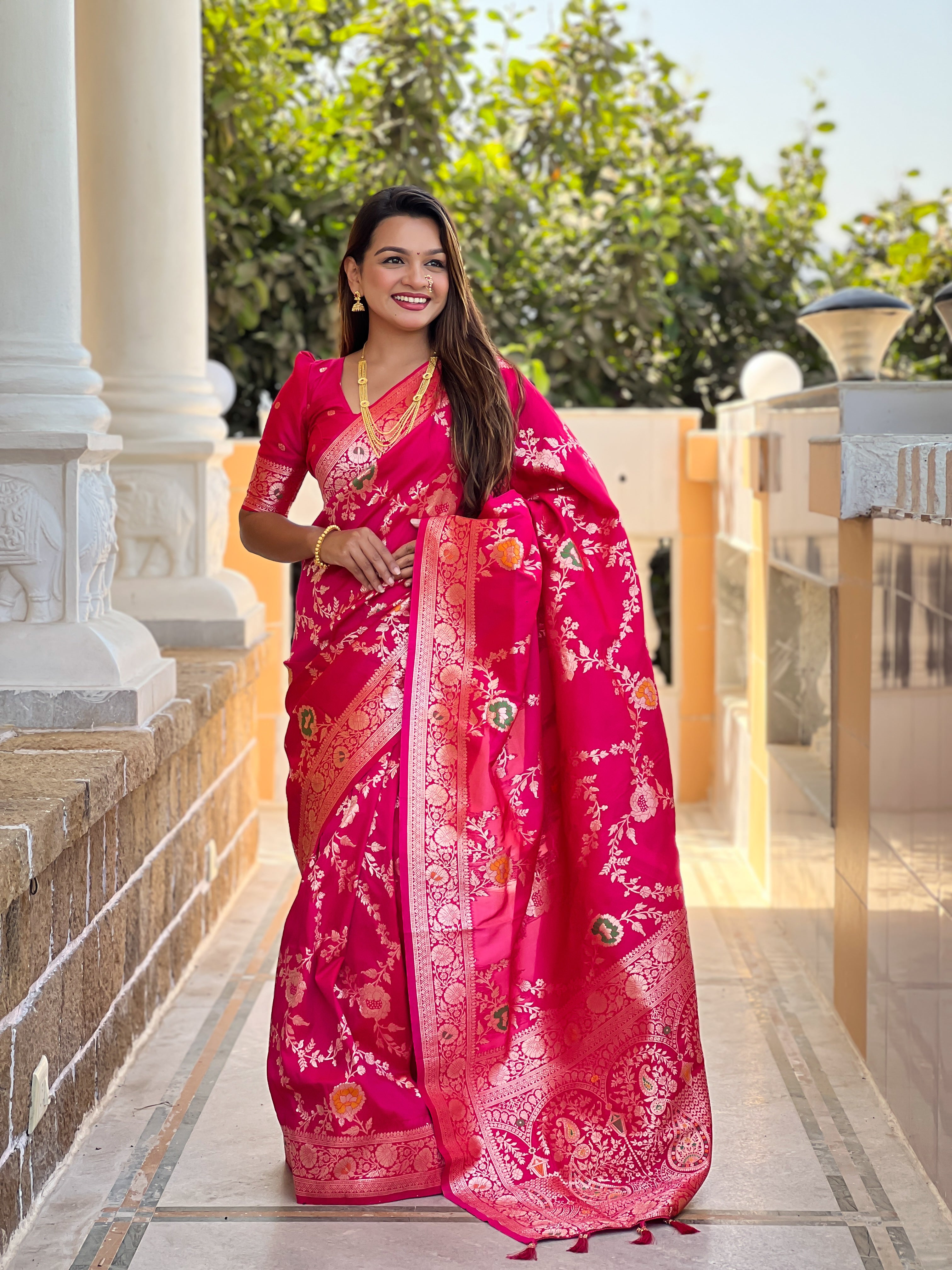 Rani Pink Soft Banarasi Silk Saree with Zari Weaving Meenakari Touchup Design