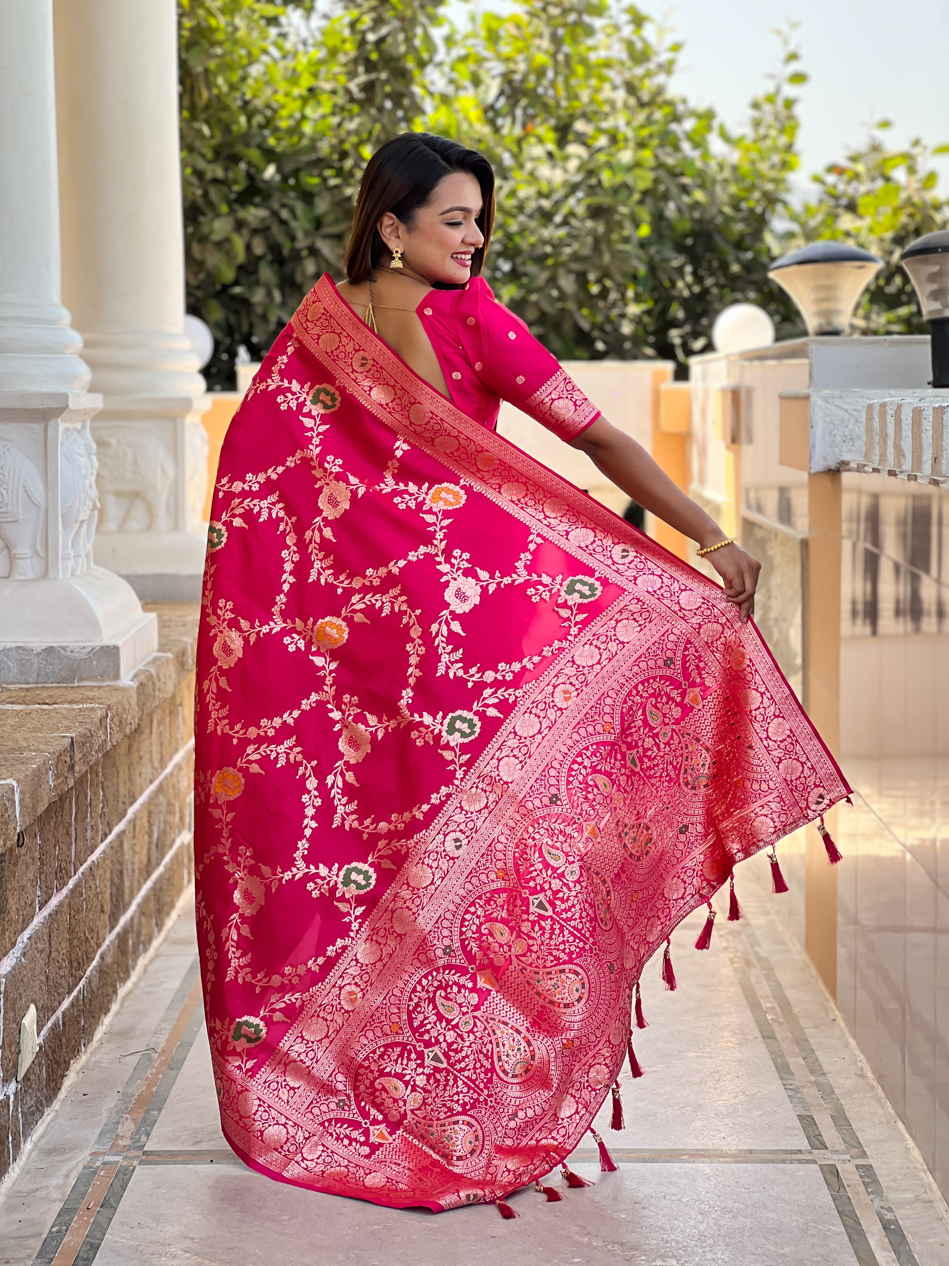 Rani Pink Soft Banarasi Silk Saree with Zari Weaving Meenakari Touchup Design