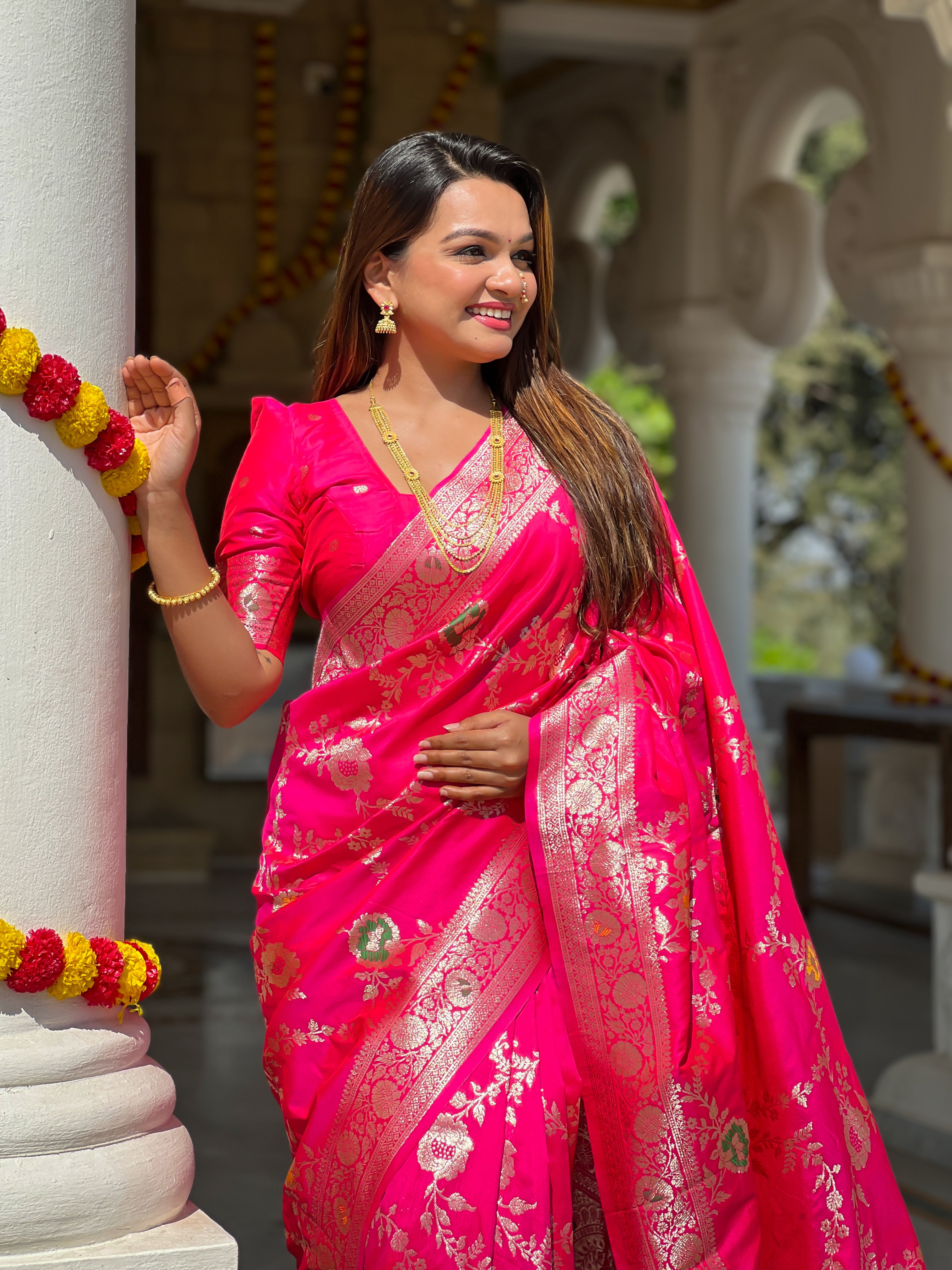 Rani Pink Soft Banarasi Silk Saree with Zari Weaving Meenakari Touchup Design