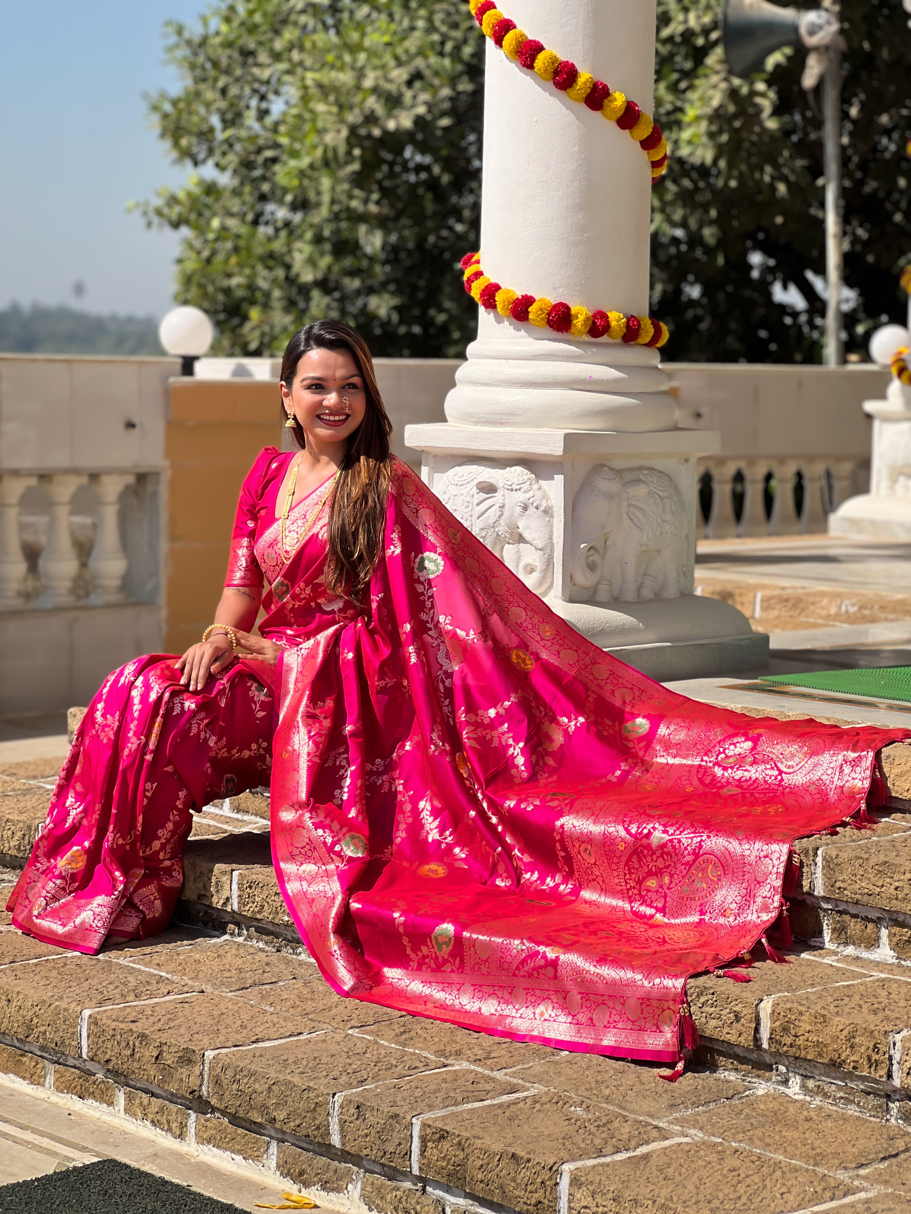 Rani Pink Soft Banarasi Silk Saree with Zari Weaving Meenakari Touchup Design