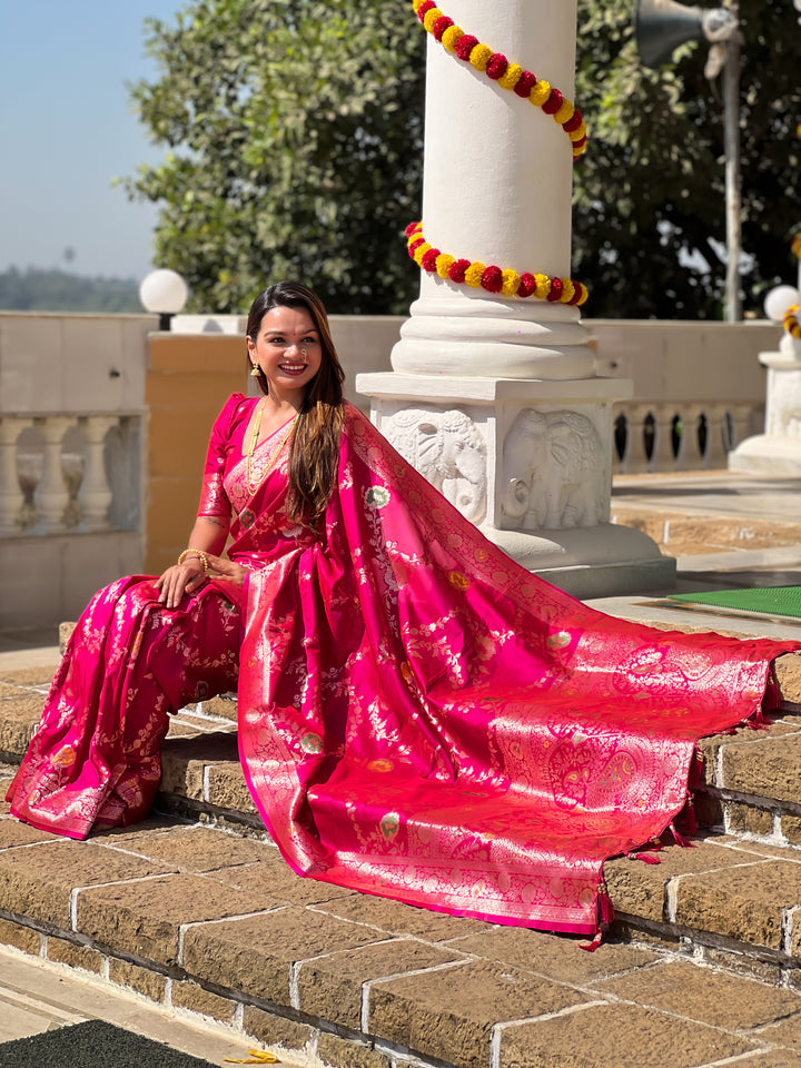 Rani Pink Soft Banarasi Silk Saree with Zari Weaving Meenakari Touchup Design