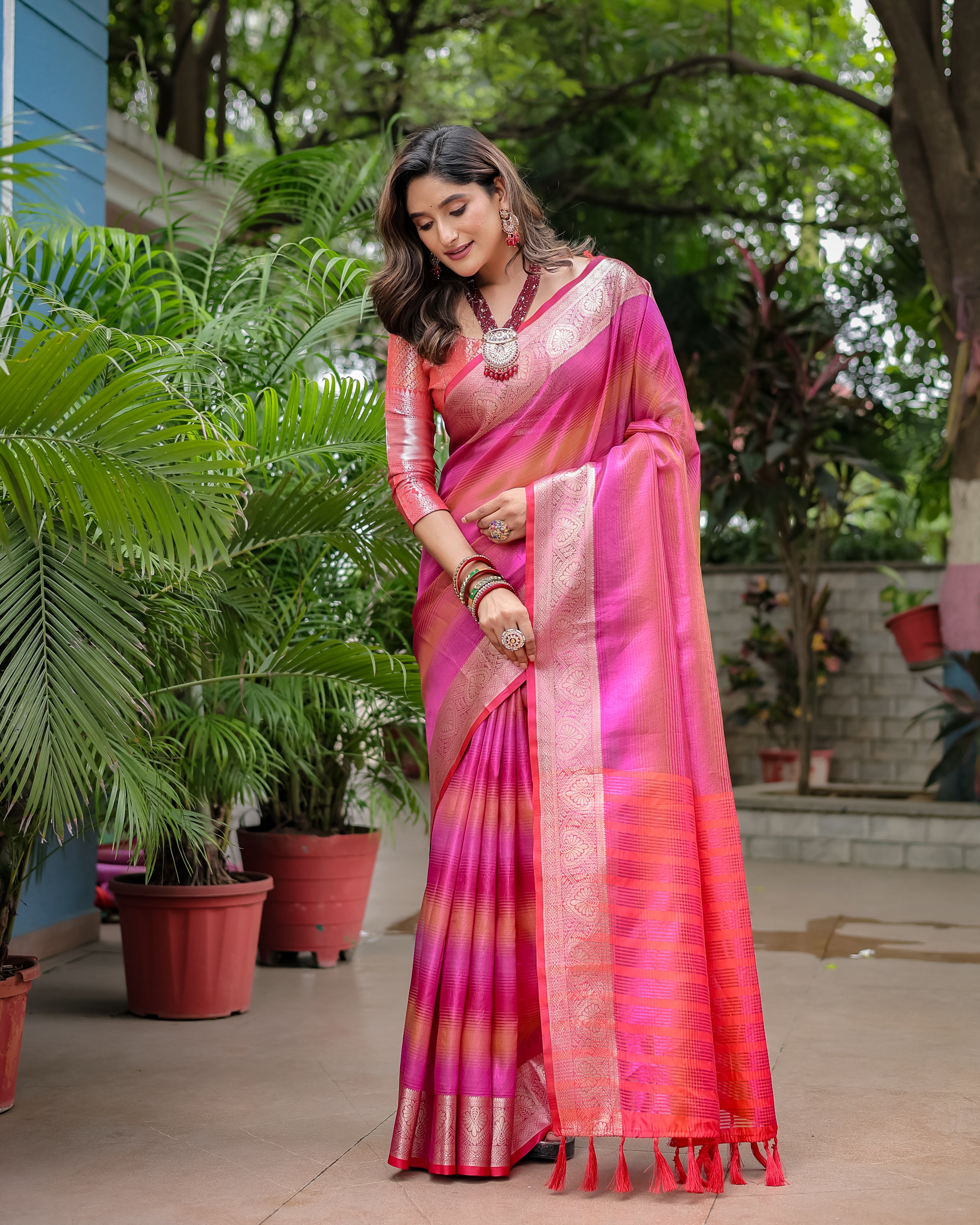 Raspberry Pink Rangkart Pattern Soft Banarsi Silk Saree