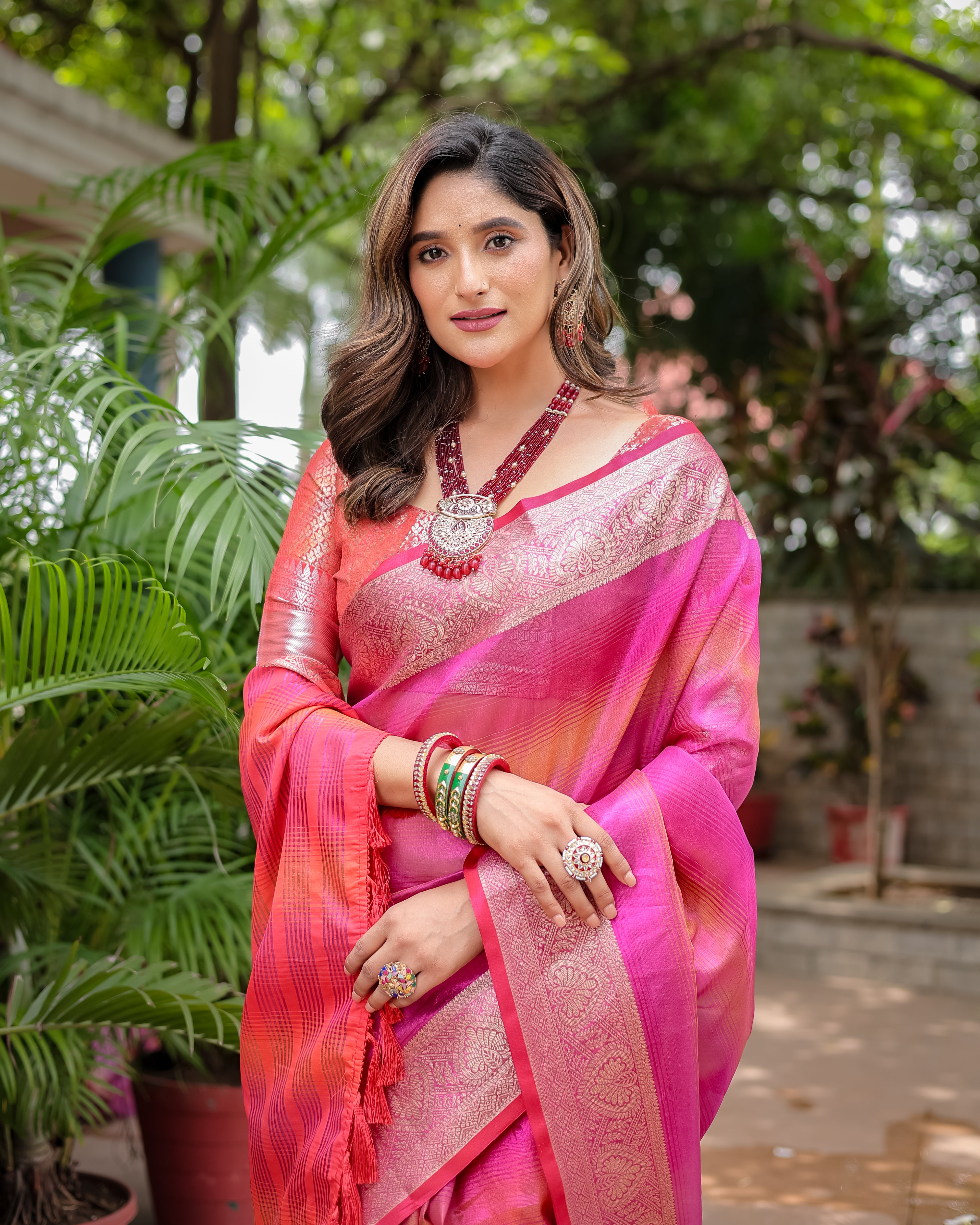 Raspberry Pink Rangkart Pattern Soft Banarsi Silk Saree
