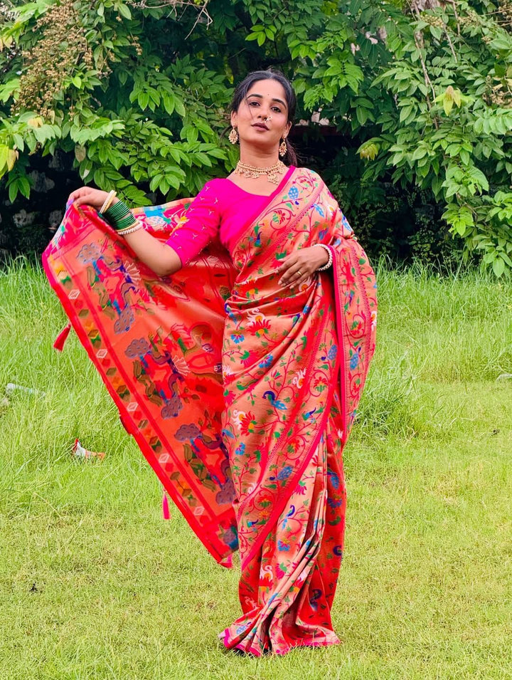 Red-Peach-Color-Silk-Blend-Art-Silk-Traditional-Paithani-Saree-Meenakari-Peacock