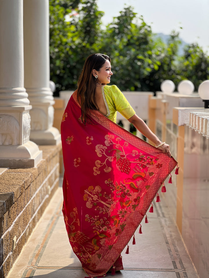 Red Soft Dolla Silk Saree with zari Weaving Meenakari Design