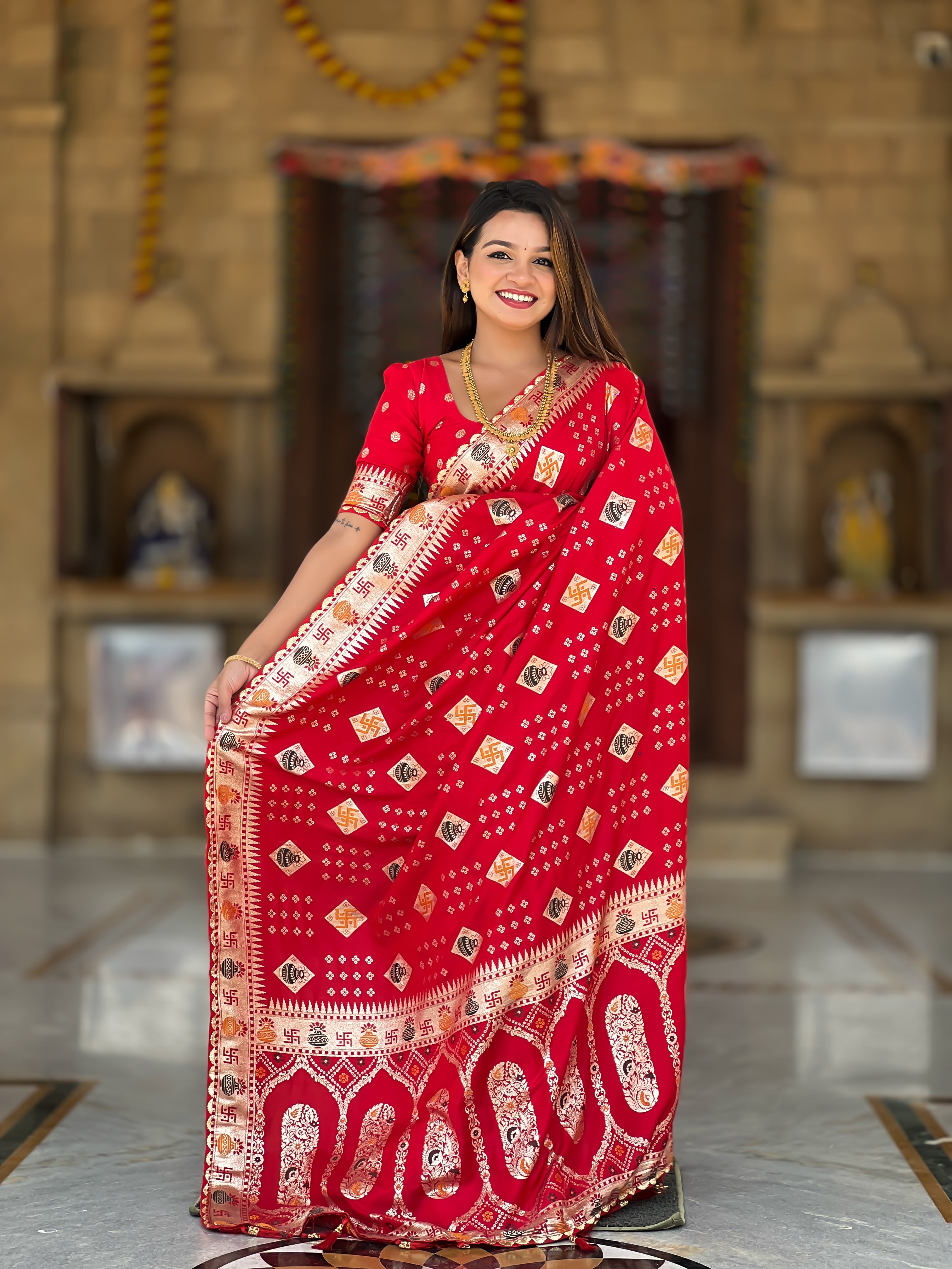 Red Swastik Dolla Silk Saree Heavy Meenakari Kalash Design
