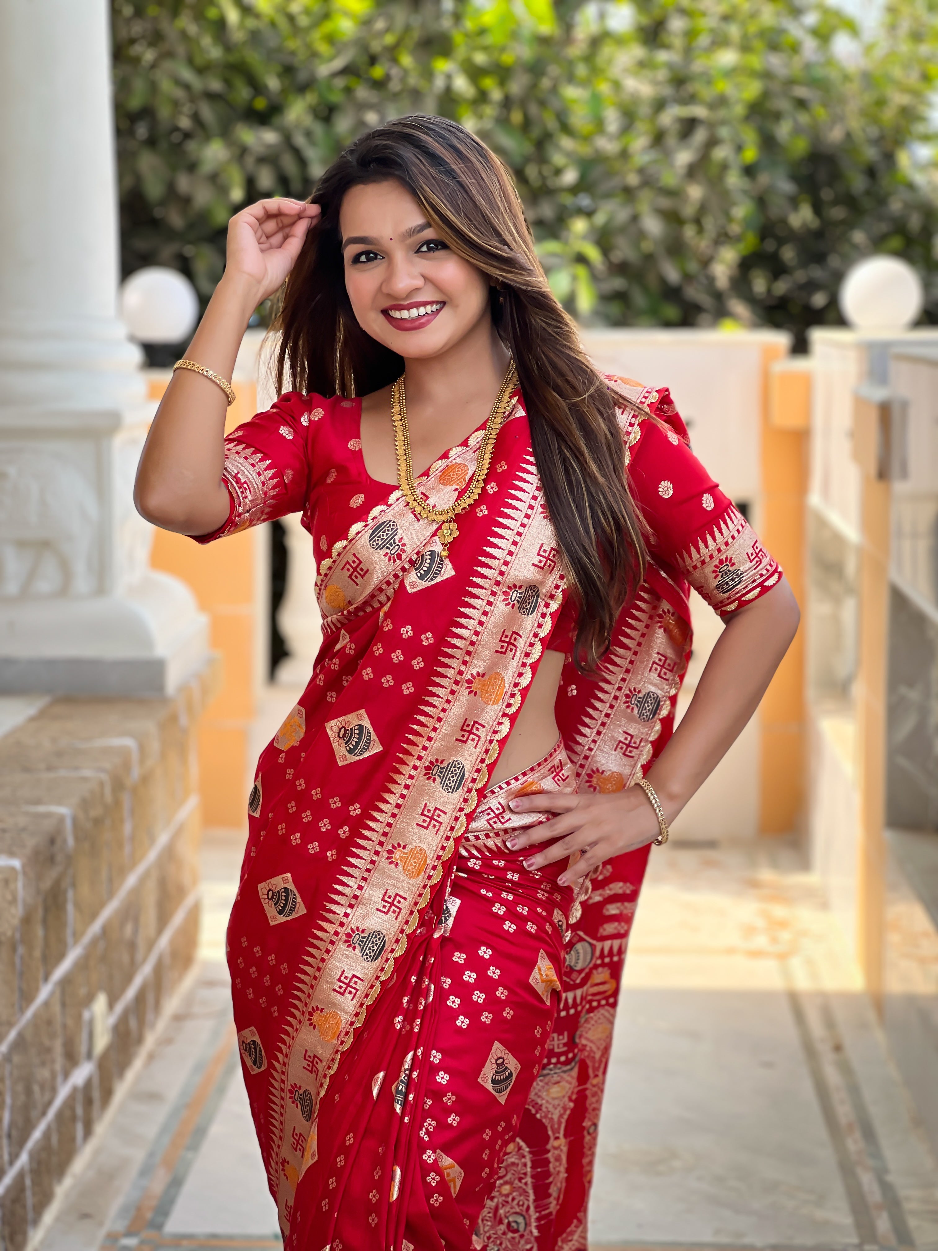 Red Swastik Dolla Silk Saree Heavy Meenakari Kalash Design