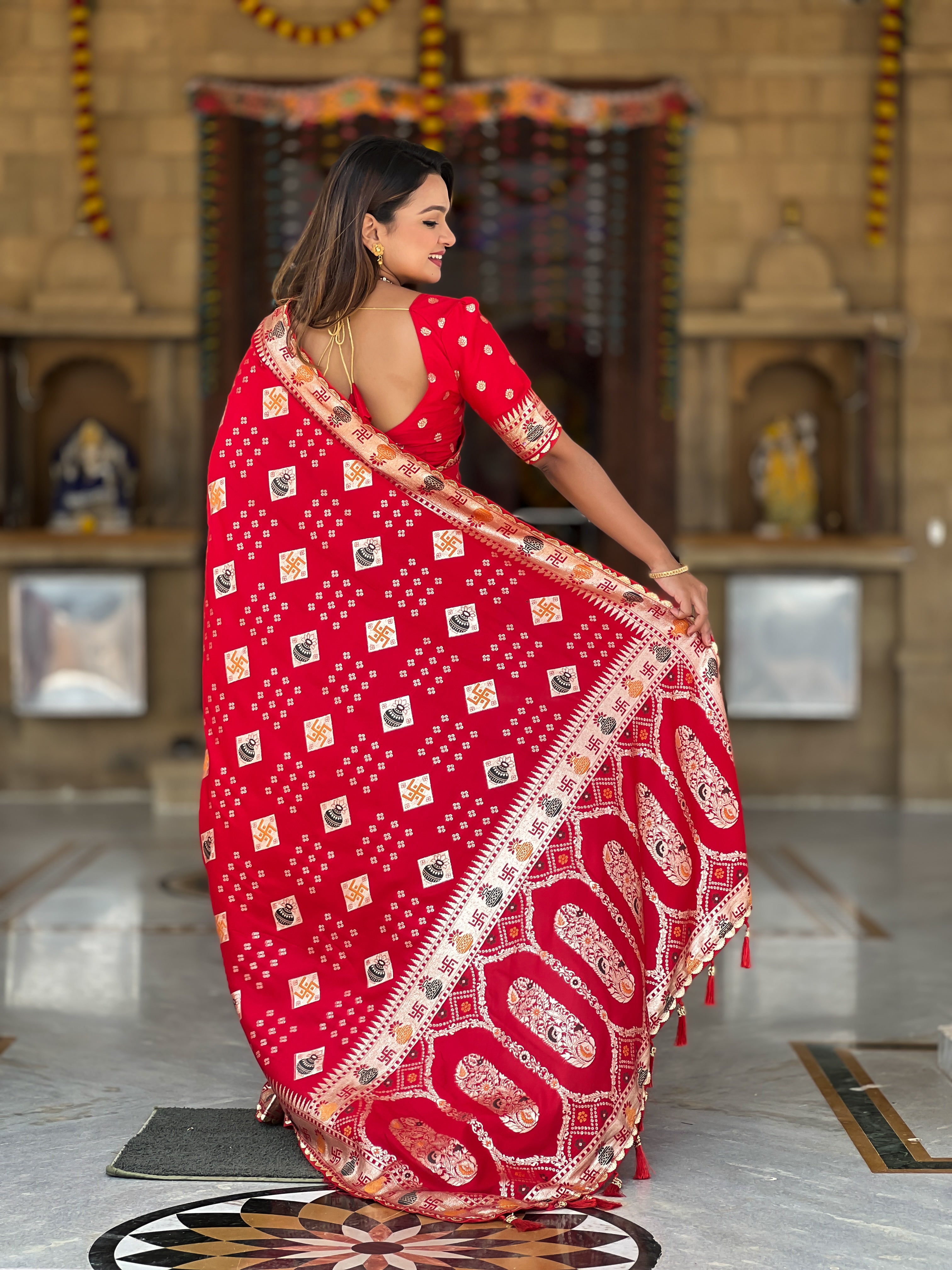 Red Swastik Dolla Silk Saree Heavy Meenakari Kalash Design